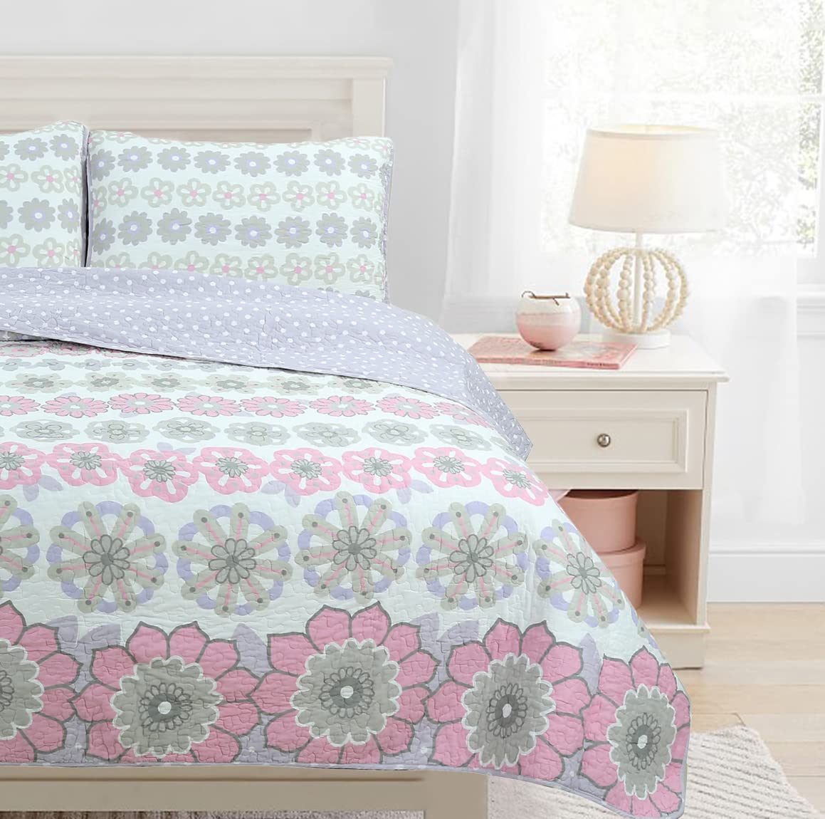 Cozy Line Home Fashions Light Purple Lavender Pink Floral 100% Cotton Reversible Quilt Bedding Set, Bedspread, Coverlet For Girl