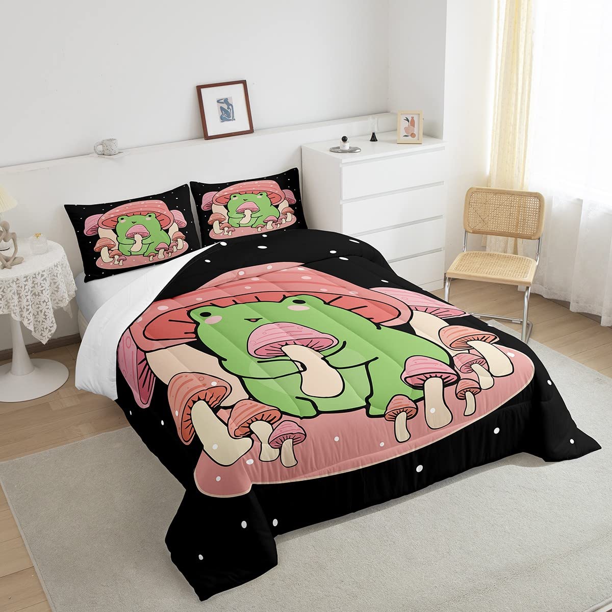 Feelyou Cartoon Mushroom Frog Bedding Set Cute Frog Comforter Set For Kids Boys Girls Natural Wild Fungus Comforter Pink Mushroo