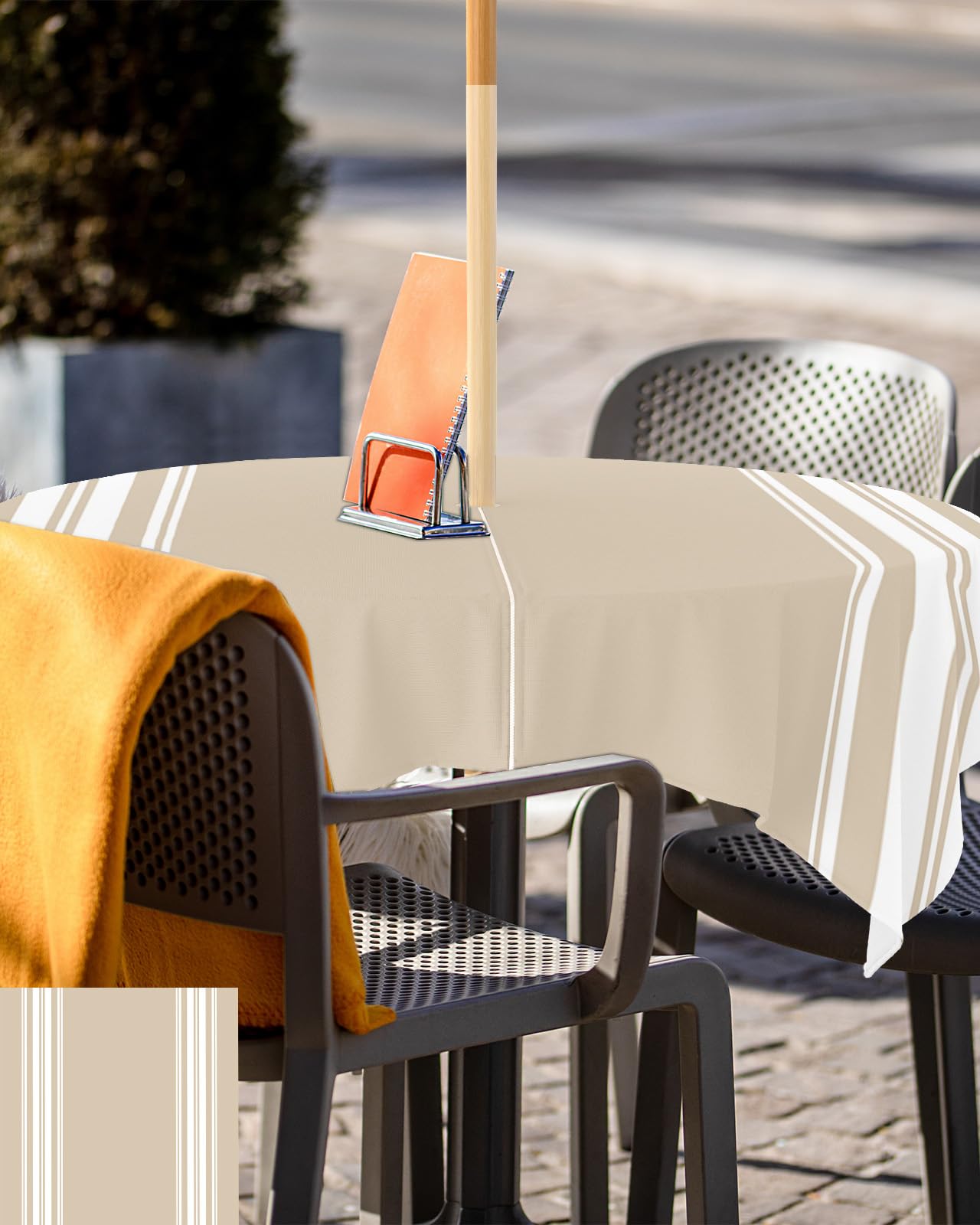 Queenker Outdoor Tablecloth With Umbrella Hole, Khaki And White Stripe Square Tables Waterproof Tabletop Collection For Patio, G