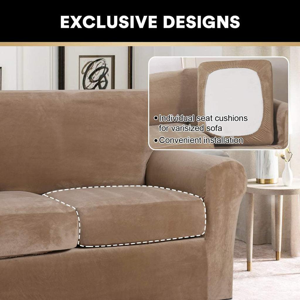 Princedeco 4 Pieces Couch Covers Velvet Couch Covers For 3 Cushion Sofa Soft Furniture Protector With Non Slip Elastic Bottom Washable Couch Covers Width Up To 90 Inch (Large, Camel)