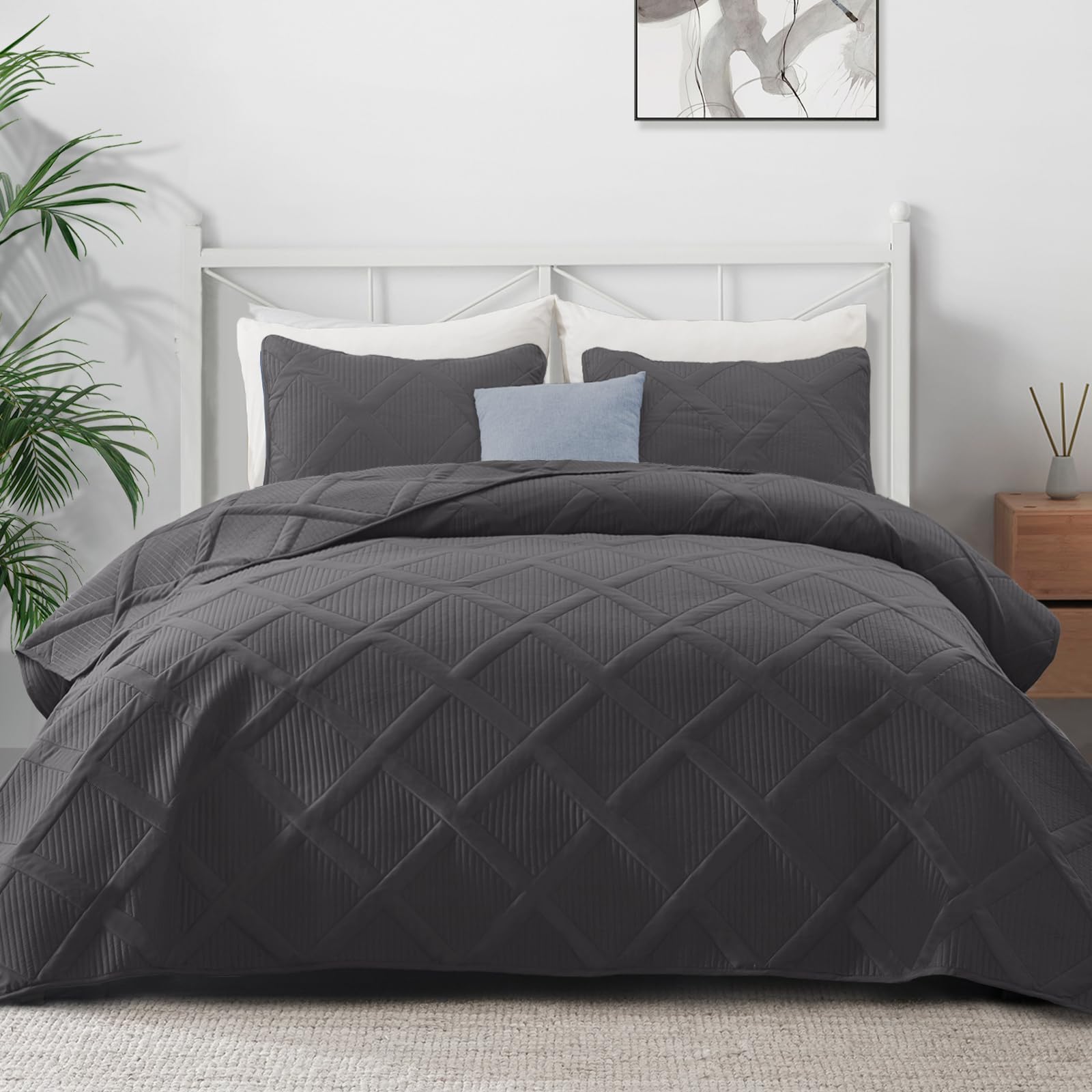 Exclusivo Mezcla Quilt Set Full Queen Size, 3 Pieces Grey Queen Quilt Bedding Set, Lightweight Quilts Soft Bedspreads Modern Str