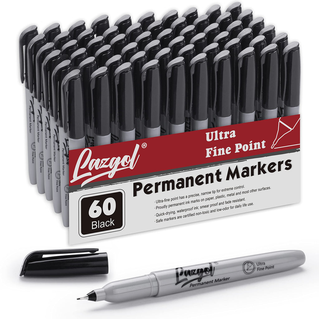 LAZGOL Ultra Fine Permanent Marker Set, 60 Pack, Black Felt Tip Pens for Plastic, Wood, Metal, Glass, Model LPM060U