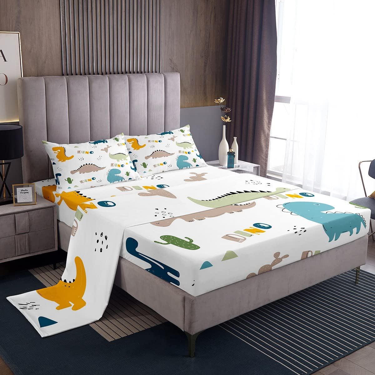 Cute Dinosaur Sheet Set Cartoon Cactus Bed Sheets Set Decor Jungle Dino Boho Succulent Sheets With Deep Pocket Fitted Sheet Wild Animal Pattern Yellow Grey Bedding Set Bedroom Quilt Cover 4Pcs Full