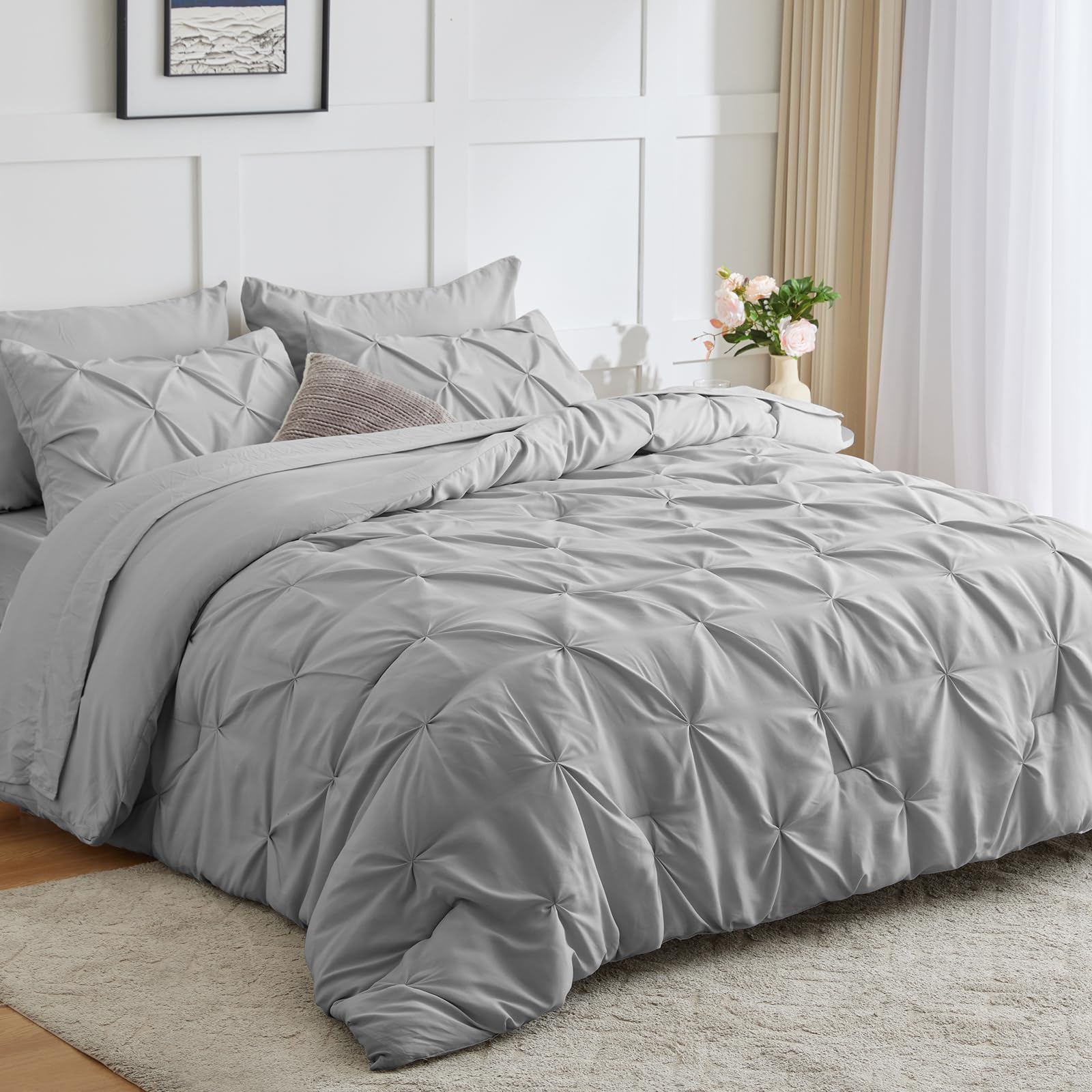 Cozylux King Size Comforter Set - 7 Pieces Comforters King Size Light Gray, Pintuck Bed In A Bag Pinch Pleat Bedding Sets With C