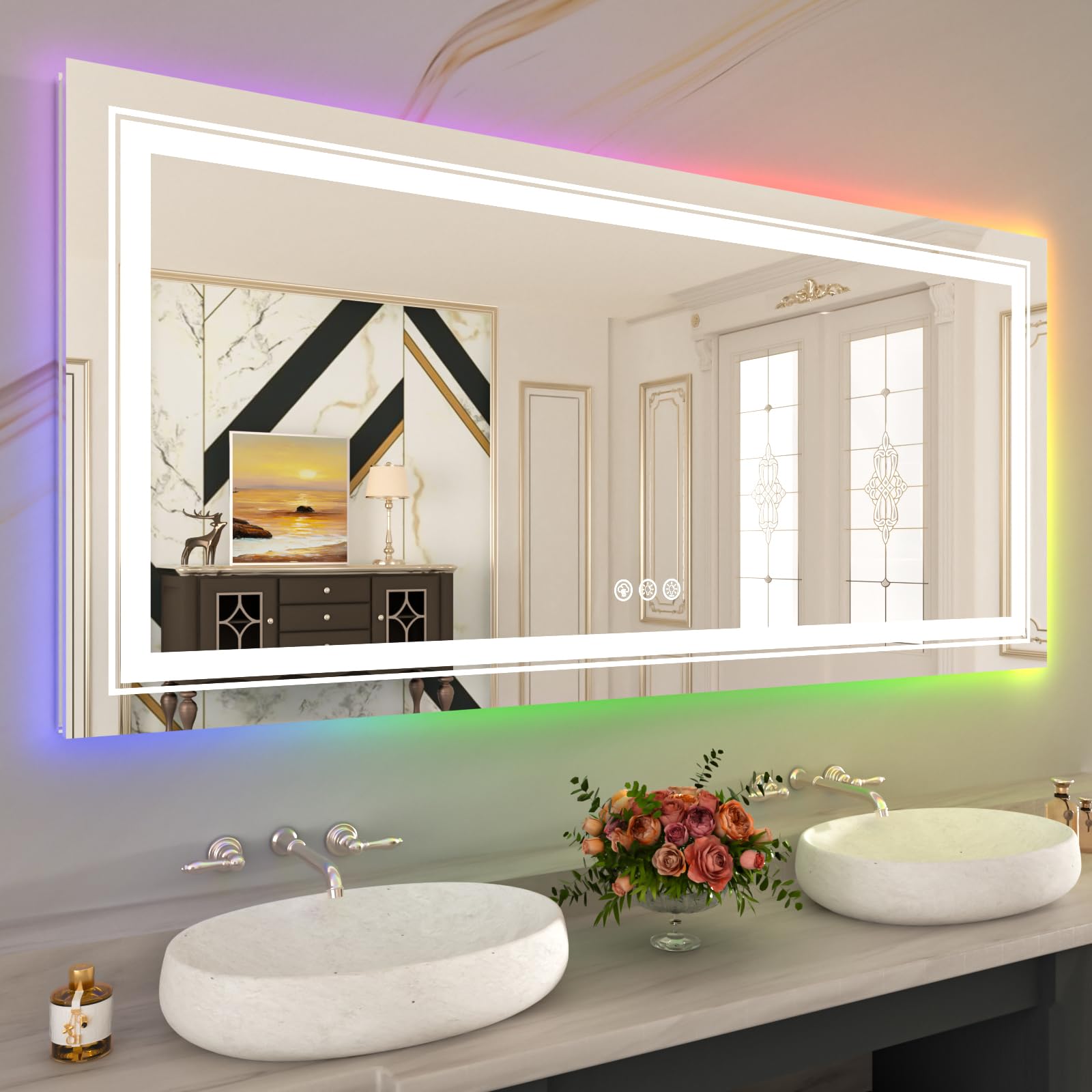 WTTY LED Bathroom Mirror 60x30 with RGB Backlit and Front Light,Stepless Dimmable LED Mirror for Bathroom,Colored Lighted Bathro