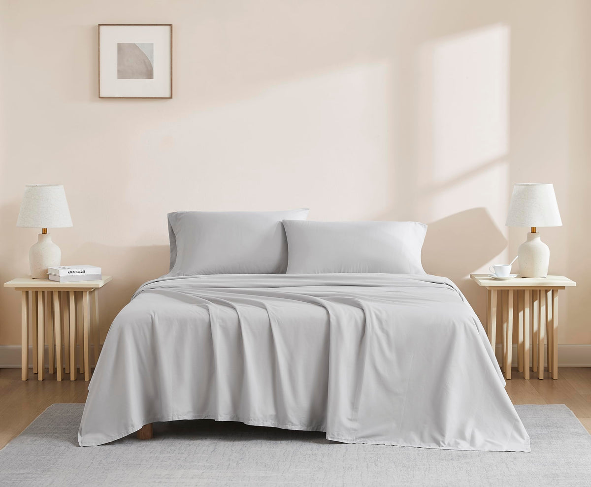 Linen Closet Luxury Cotton 144 Thread Count Organic Cotton 3-Piece Sheet Set,Twin Xl, Light Grey