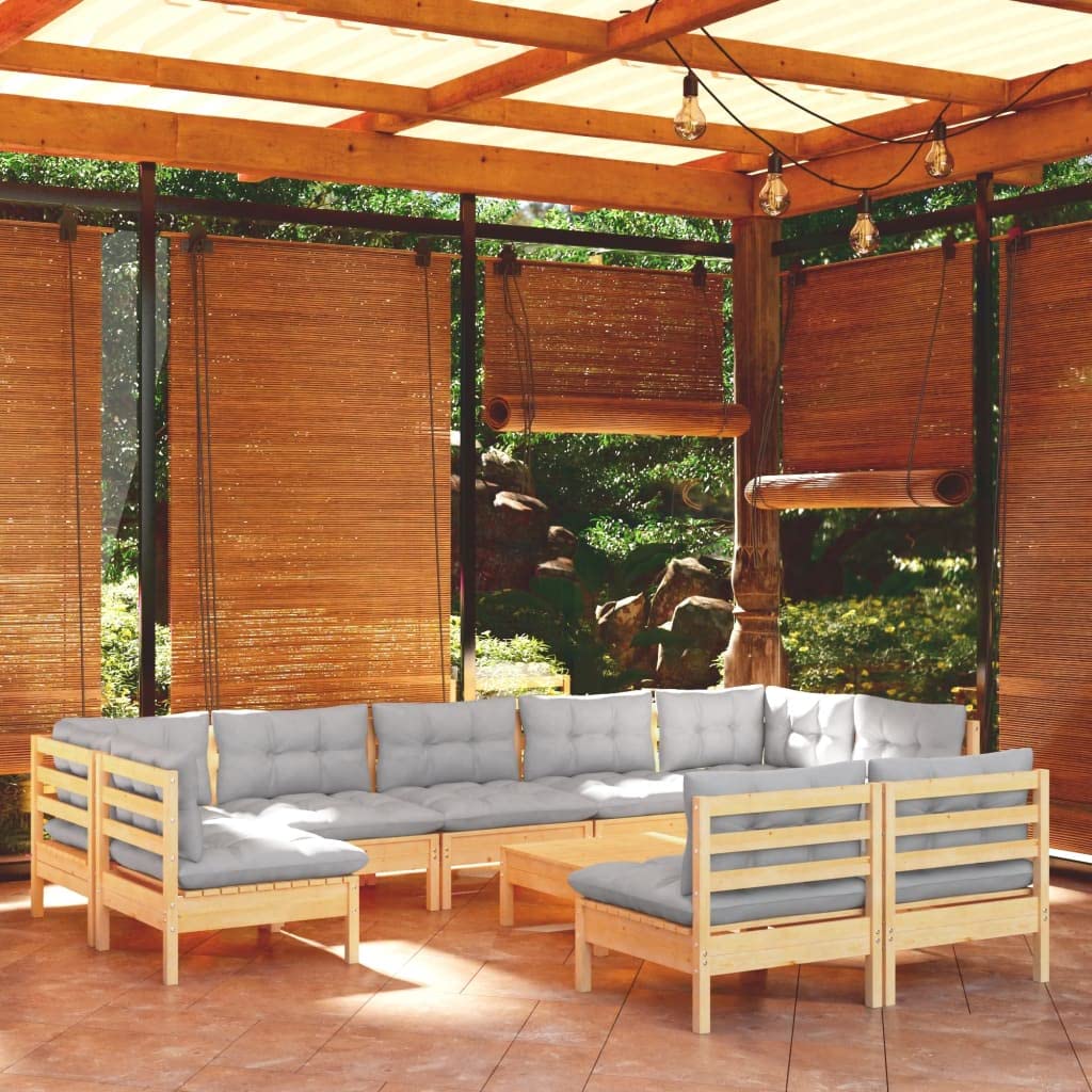 vidaXL Solid Pinewood Patio Lounge Set - 10 Piece Outdoor Garden Sofa with Gray Cushions - Modular Design for Custom Configurations