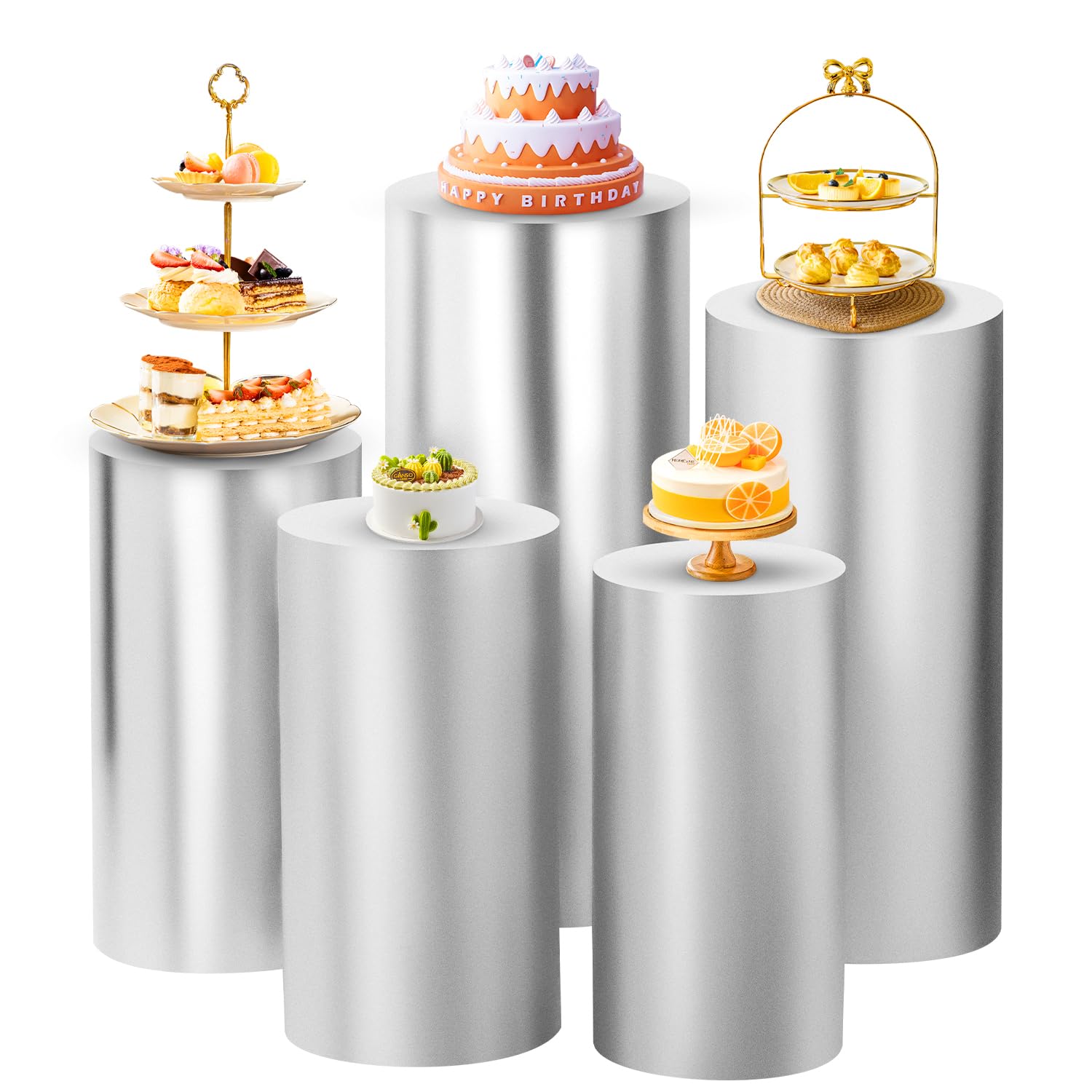 SaitiMade Set of 5 - Silver Cylinder Pedestal Stand Covers, Flexible Cylinder Stand Covers for Party, Wedding or Birthday Event 