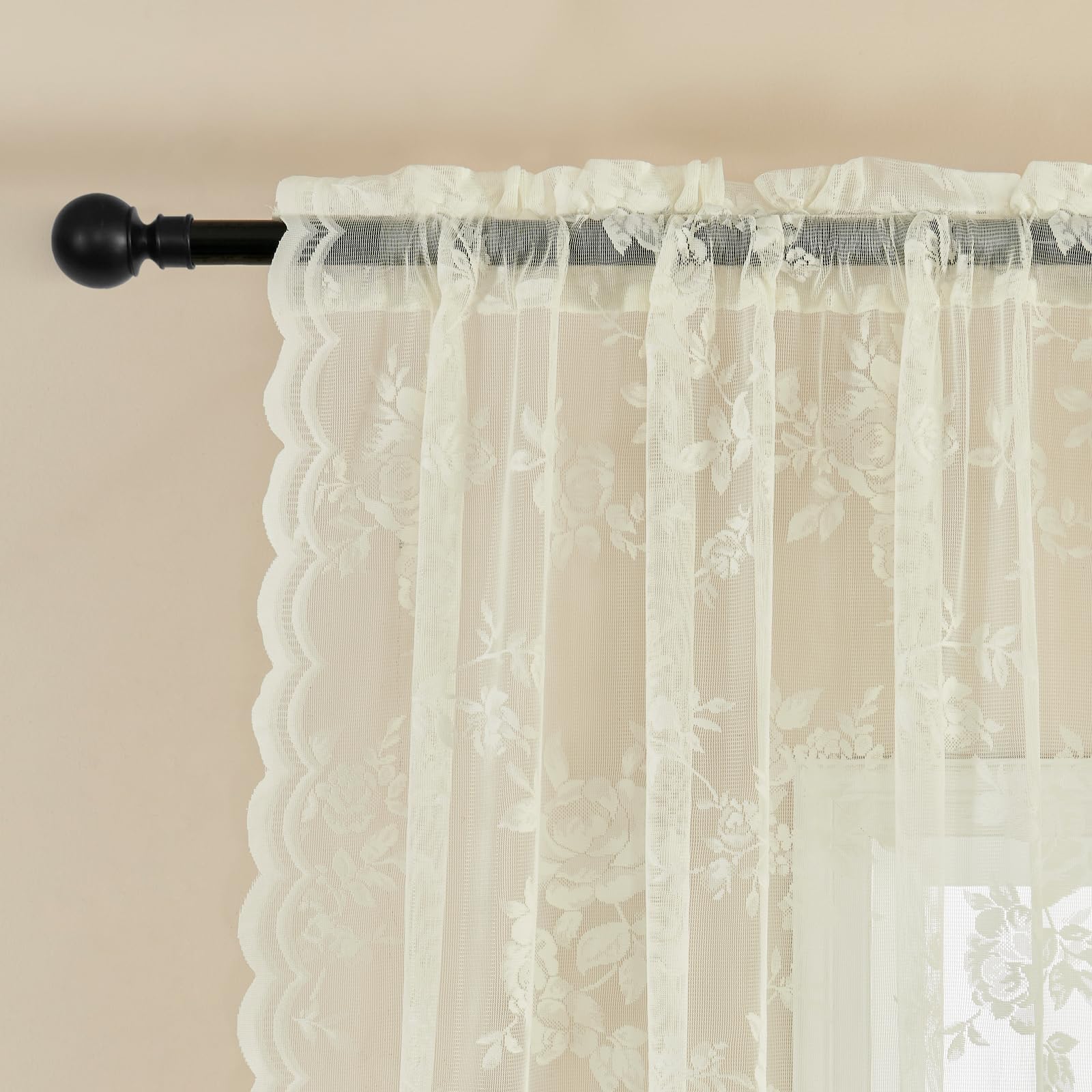Seekright Ivory Kitchen Curtains 30 Inch Length Rod Pocket Light Filtering Sheer Lace Cafe Curtains 2 Panels Set Modern Floral L