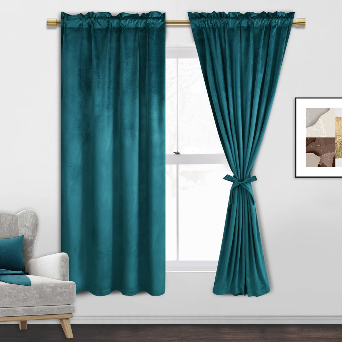 Jiuzhen Teal Velvet Curtains 63 Inches For Living Room - Privacy Protect Room Darkening Rod Pocket Thick Velvet Window Drapes Fo