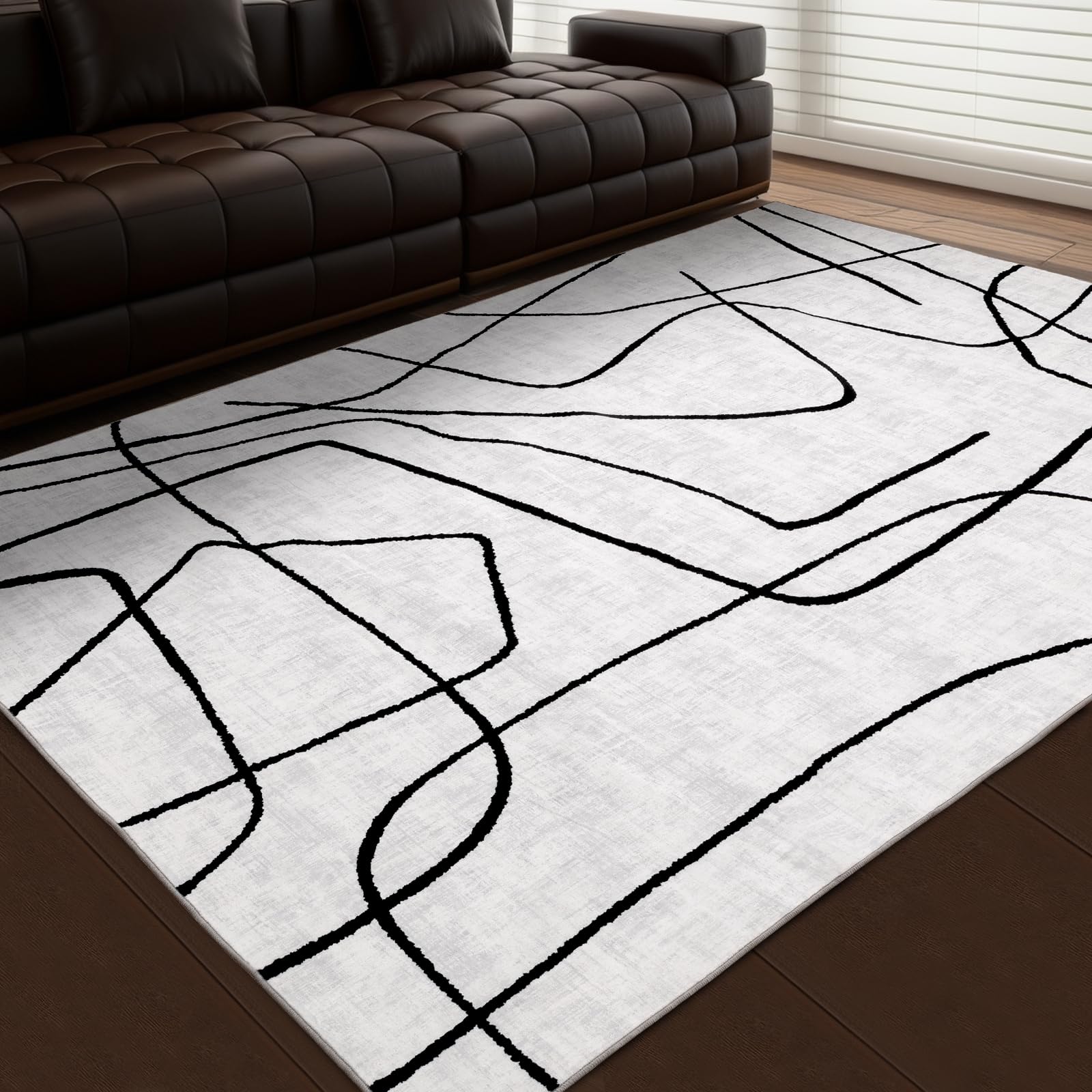 YIHOUSE Abstract 6x9 Black and White Rug- Washable Area Rug for Living Room Bedroom, Large Modern Non-Slip Ultra-Thin Rug Home