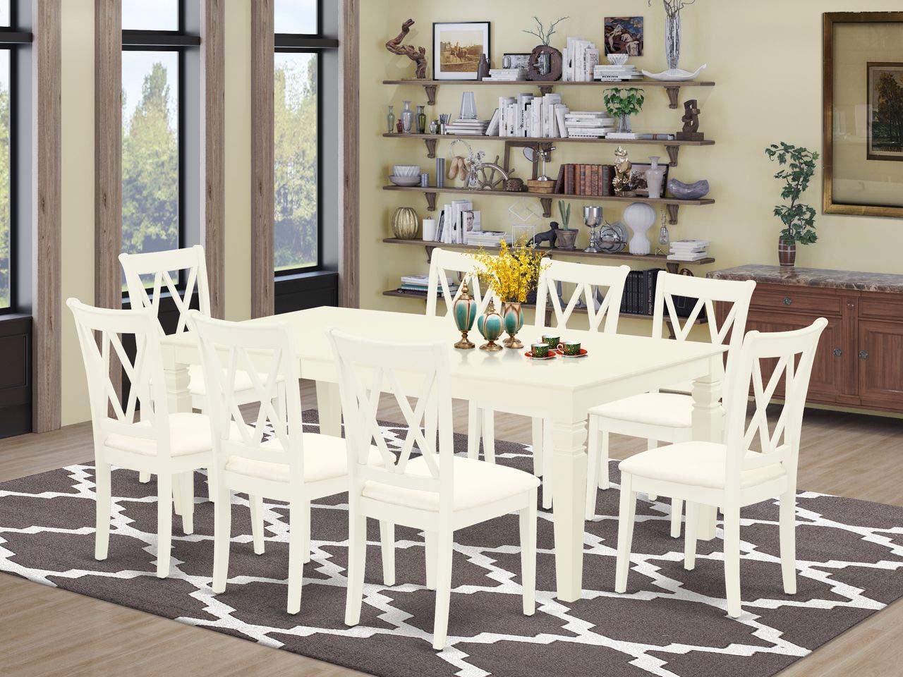 East West Furniture Lgcl9-Lwh-C 9 Piece Modern Dining Table Set Includes A Rectangle Wooden Table With Butterfly Leaf And 8 Linen Fabric Dining Room Chairs, 42X84 Inch, Linen White