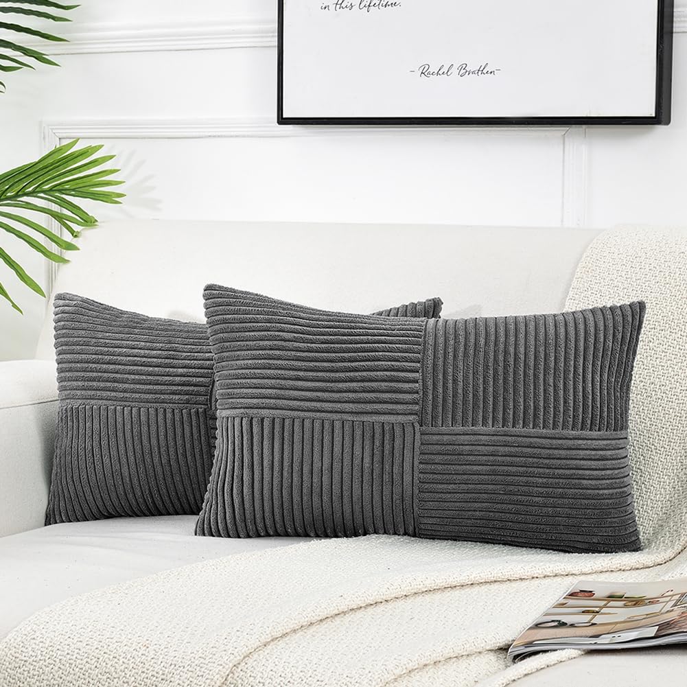 Fancy Homi 2 Packs Dark Gray Long Lumbar Decorative Throw Pillow Covers 12X24 Inch For Couch Bed Sofa, Rustic Farmhouse Boho Hom