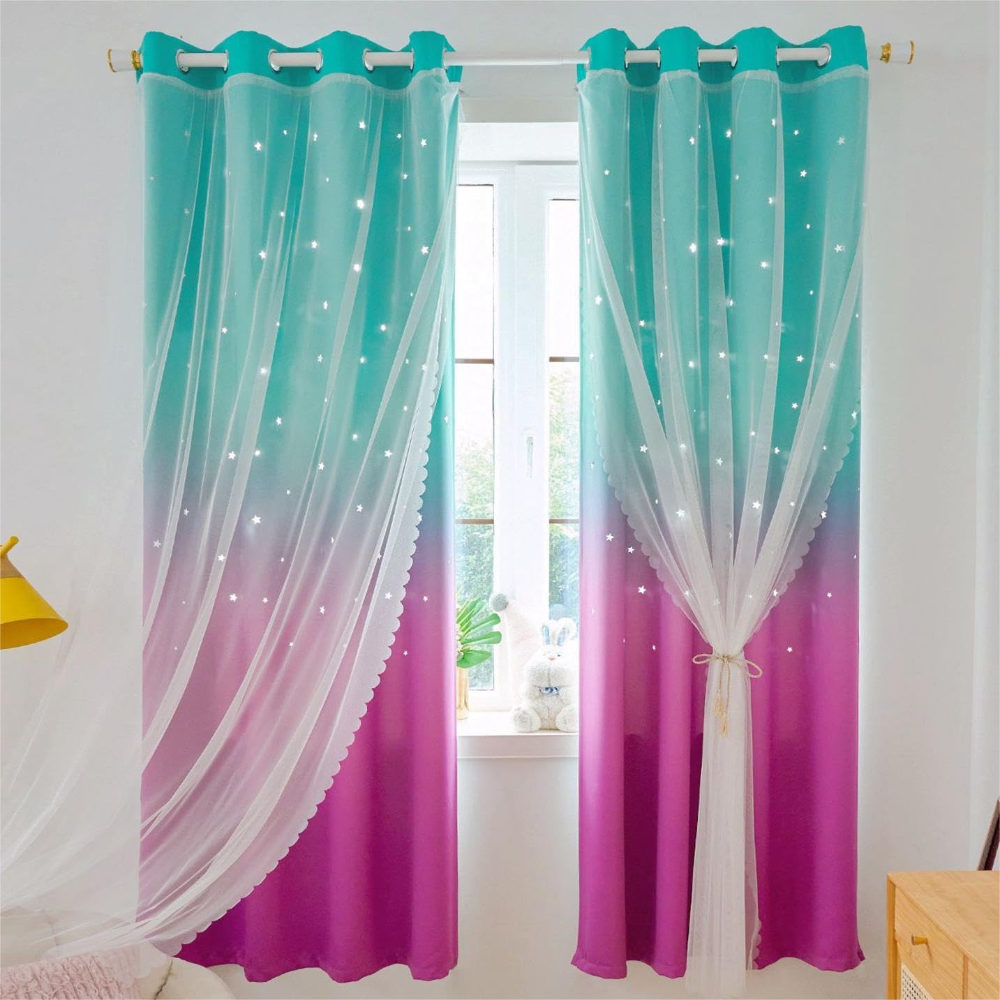 Anjee Ombre Star Cutout Blackout Curtains for Girls Bedroom Kids Nursery Princess Living Room Decor,Cute Double Layer Teal Purpl