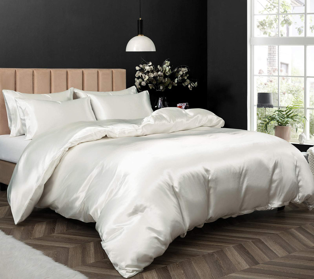 P Pothuiny Satin Duvet Cover Full/Queen, Single Soft Duvet Cover Only, Luxury Silky Like Ivory White Duvet Cover 90' X 90' Sol