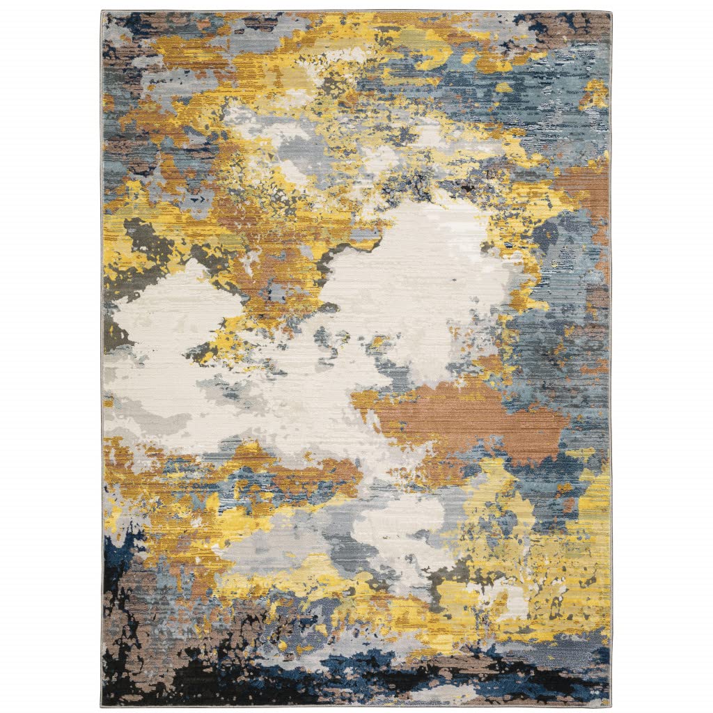 HomeRoots 508612 5 x 8 ft. Yellow Gold Blue Gray Brown & Beige Abstract Power Loom Stain Resistant Rectangle Area Rug