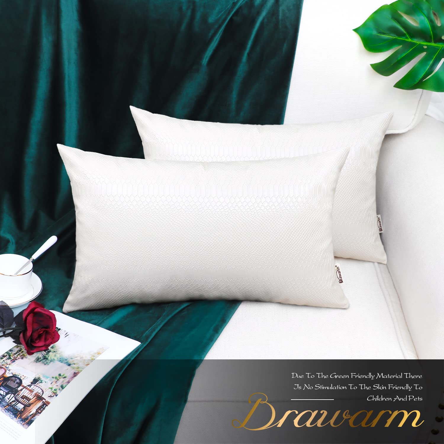 Brawarm White Leather Throw Pillows 12 X 20 Inches, Snake Leather Pillow Covers Pack Of 2, Faux Leather Decorative Lumbar Pillow