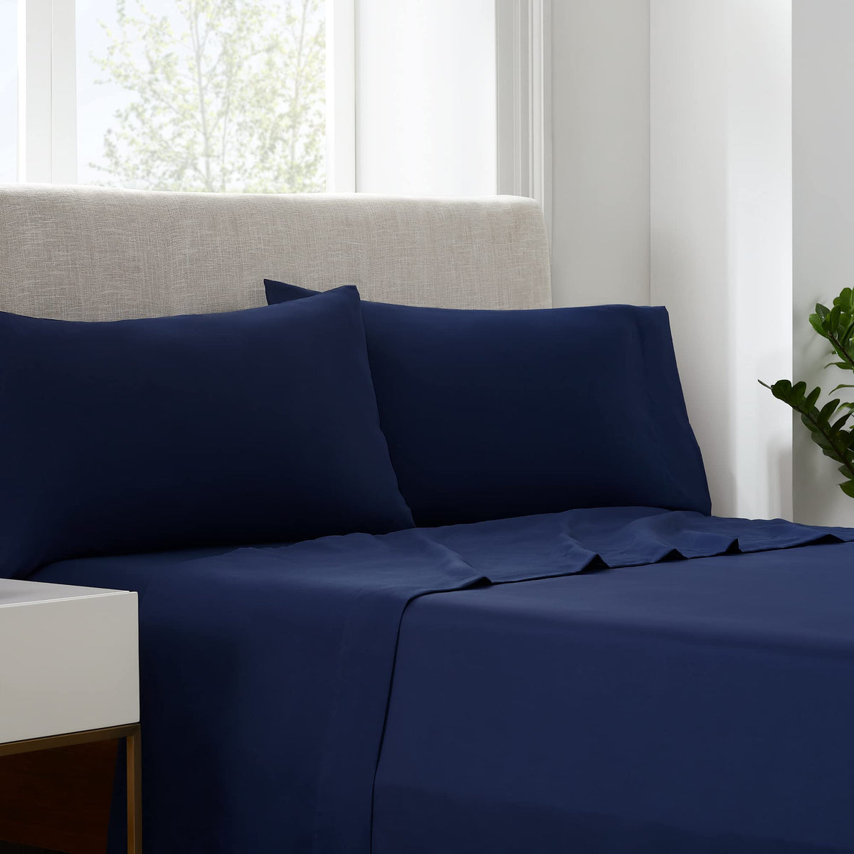 Serta Simply Clean Super Soft Hypoallergenic Stain Resistant Deep Pocket 4 Pieces Solid Bed Sheet Set, Queen, Navy