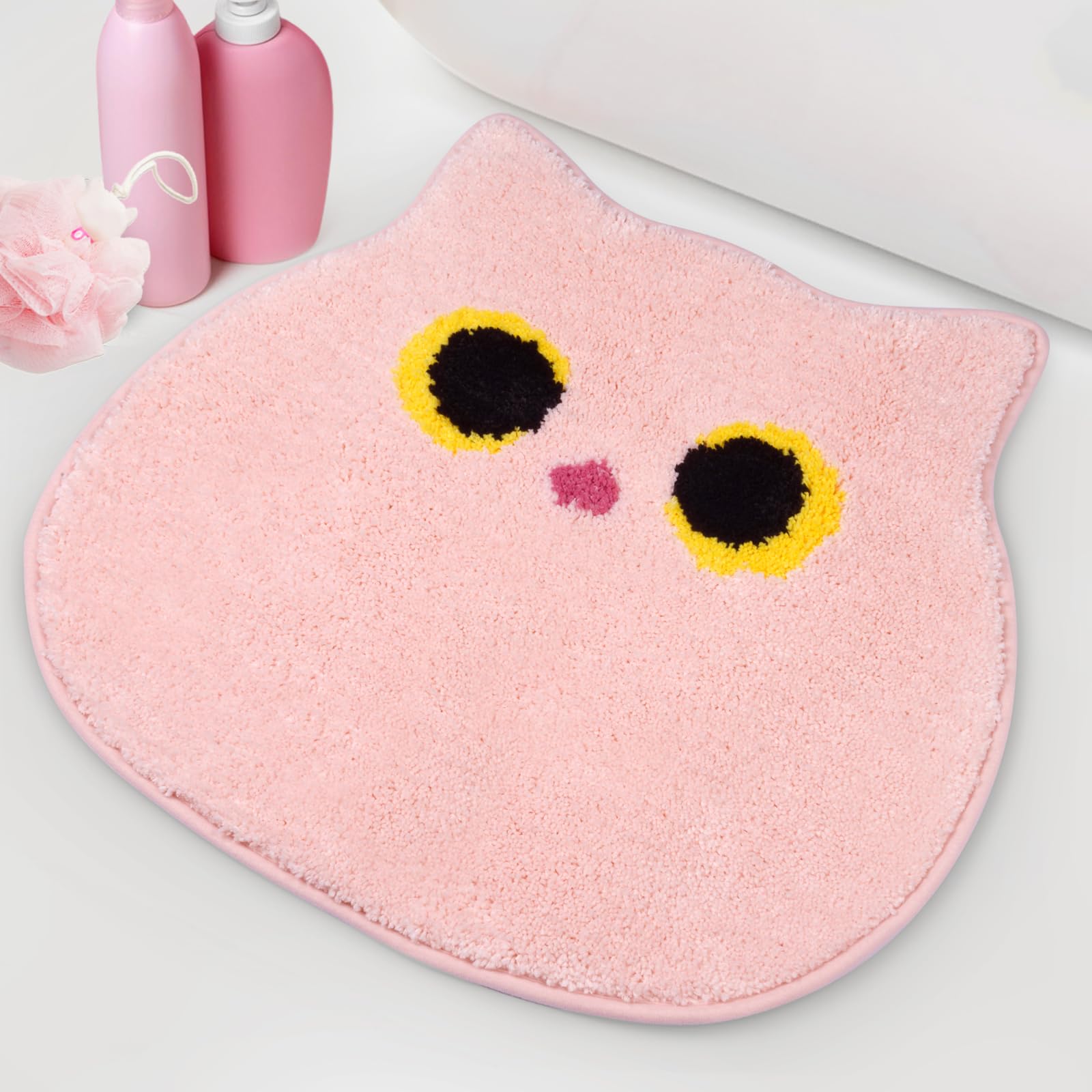 NIGOWAYS Bathroom Rug - Bathroom Mat,Pink Bathroom Rug,Washable Cute Cat Bath Mat,Soft Fluffy Water Absorbent Shower Mat,Non Sli