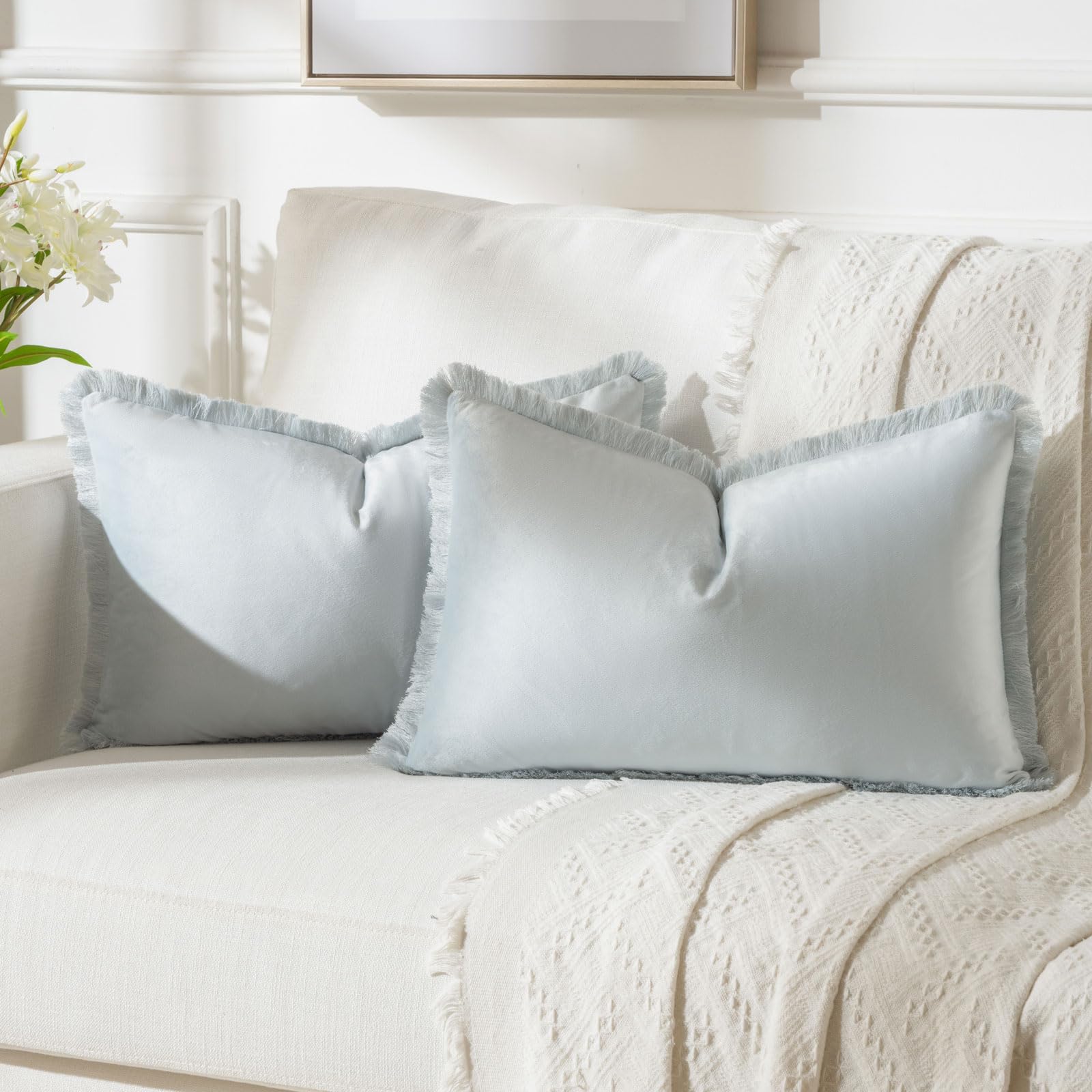 FUTEI Light Blue Boho Throw Pillow Covers with Tassels 12x20 Inch Set of 2,Soft Velvet Lumbar Pillow Cases,Home Decor for Couch 