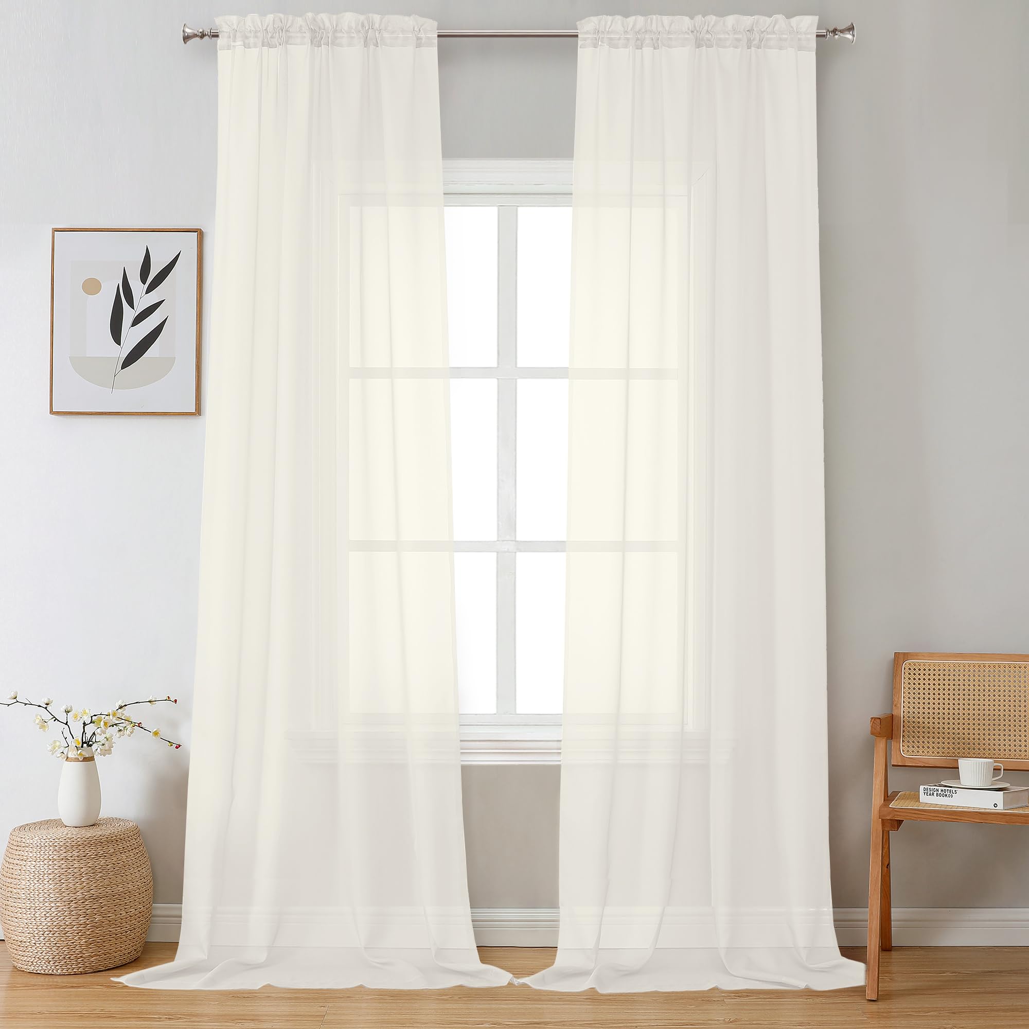 Ovzme 2 Pack Ivory Sheer Curtain Panels - 120 Inches Length Light Filtering Sheer Curtains For Living Room, Elegant Window Treat