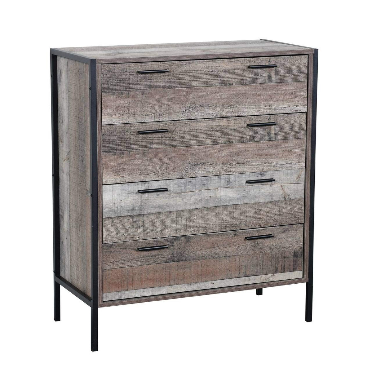 OS Home and Office Furniture Model Metal Frame and Legs four drawer chest, Rustic Reclaimed Barnwood Laminate