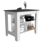 Kitchen Island, Kitchen Table 35" H, 4 Legs, 3 Open Storage Shelves, White/Onix