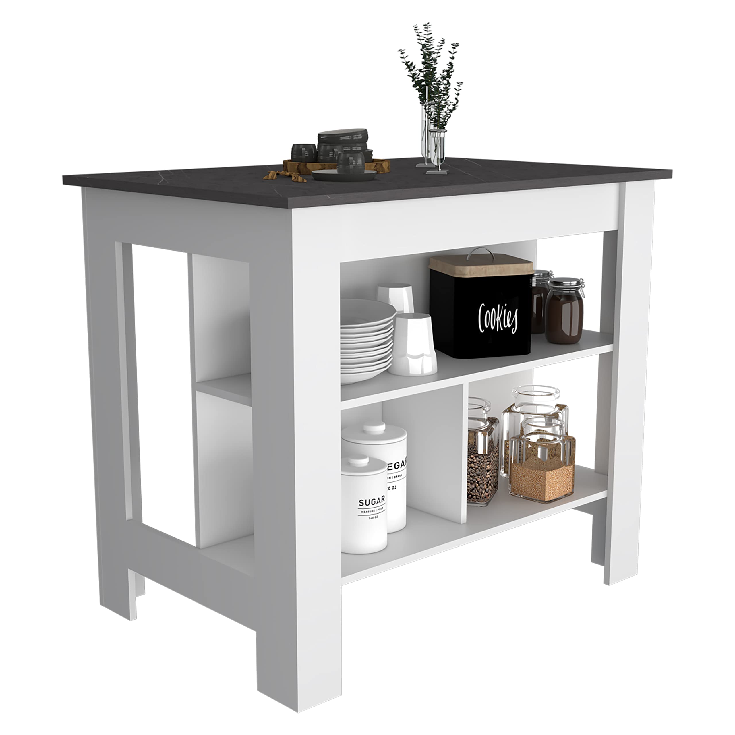 Kitchen Island, Kitchen Table 35" H, 4 Legs, 3 Open Storage Shelves, White/Onix