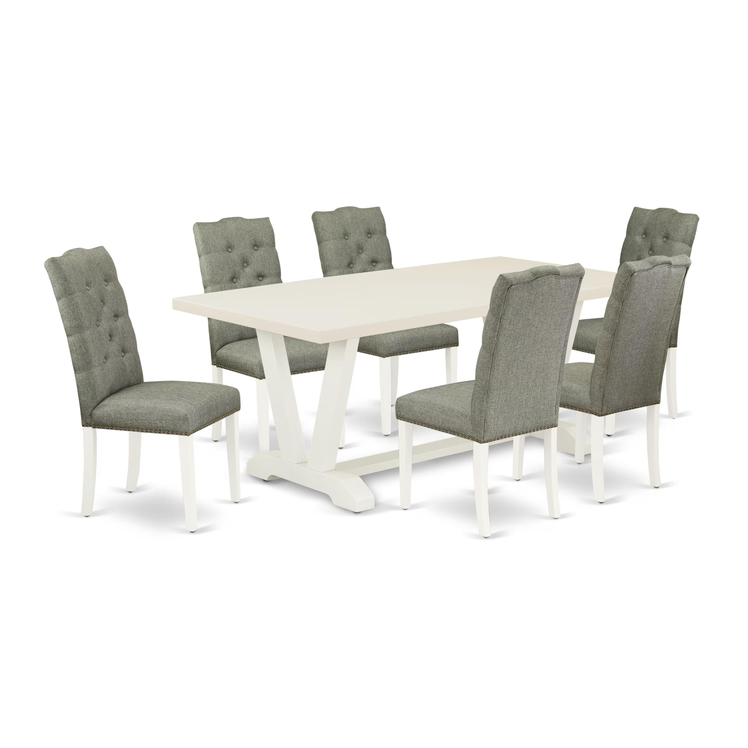 East West Furniture V027El207-7 7 Piece Dining Room Table Set Consist Of A Rectangle Kitchen Table With V-Legs And 6 Gray Linen Fabric Parsons Dining Chairs, 40X72 Inch, Multi-Color