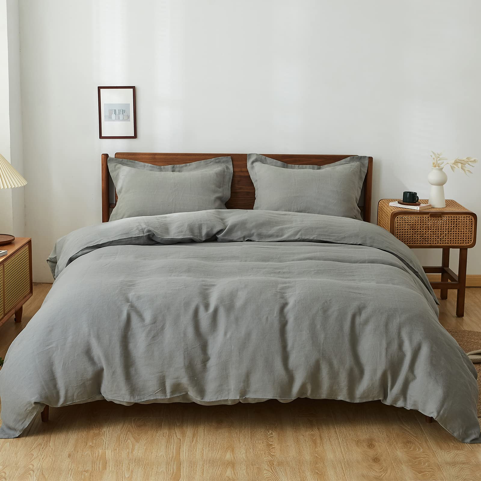 Simple&Opulence 100% Linen Duvet Cover Set, 3 Pcs Pure Natural French Flax Ultimate Grey Duvet Cover Queen Size, Breathable Soft