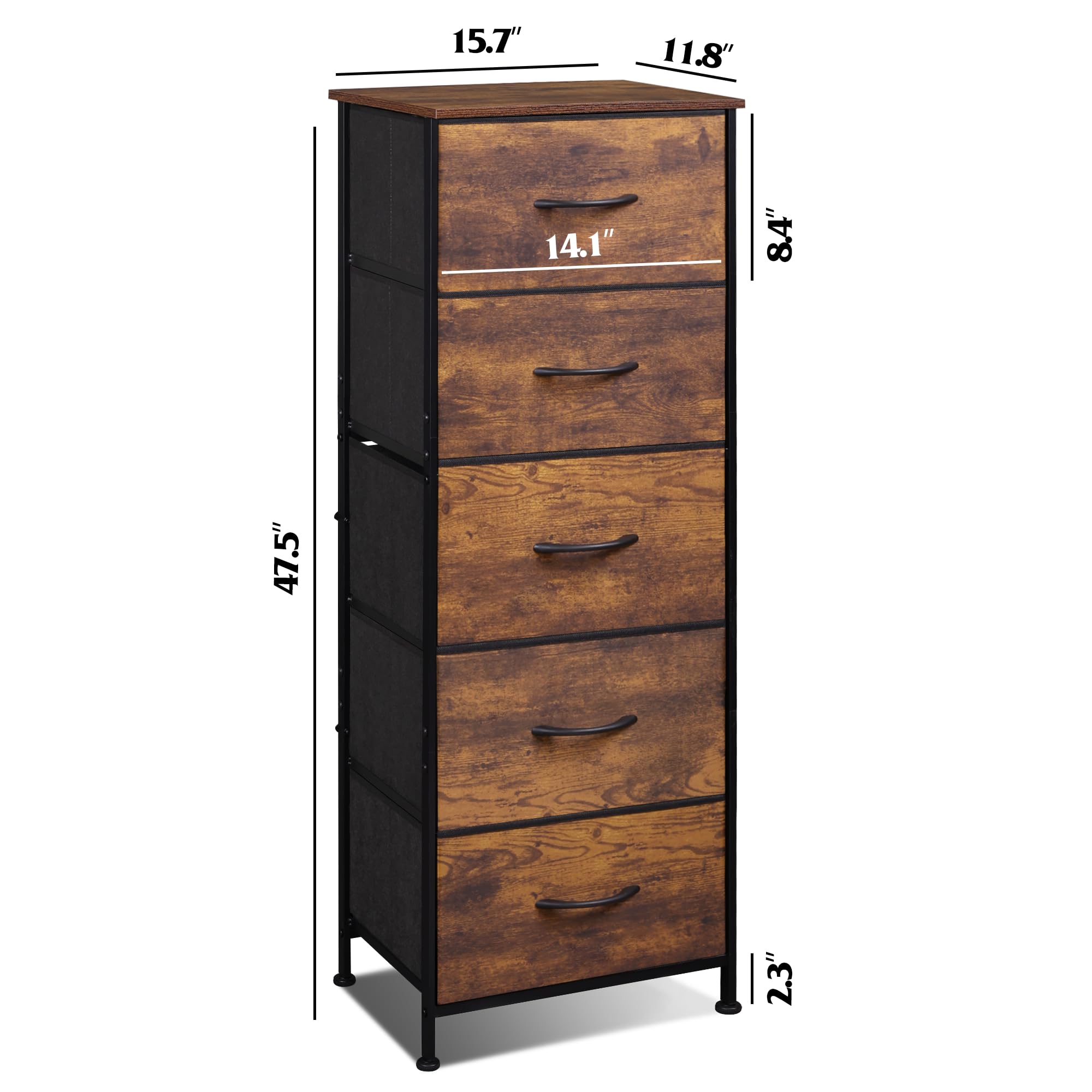 Wlive Fabric Dresser, 5-Drawer Tall Dresser For Bedroom, Storage Organizer With Fabric Bins, Wood Top, Sturdy Steel Frame, Chest Of Drawers For Closet, Hallway, Rustic Brown Wood Grain Print