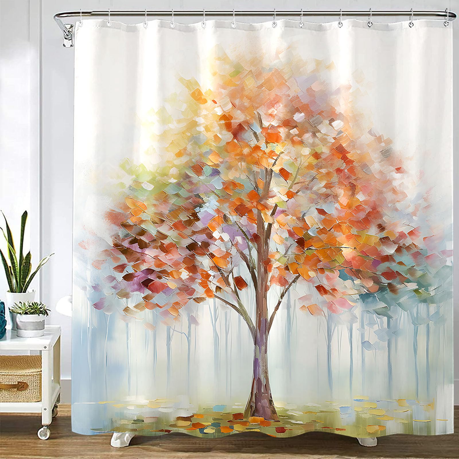 Fowocu Colorful Tree Shower Curtain Abstract Aesthetic Oil Painting Shower Curtains For Bathroom Decorative Cute Nature Art Wate
