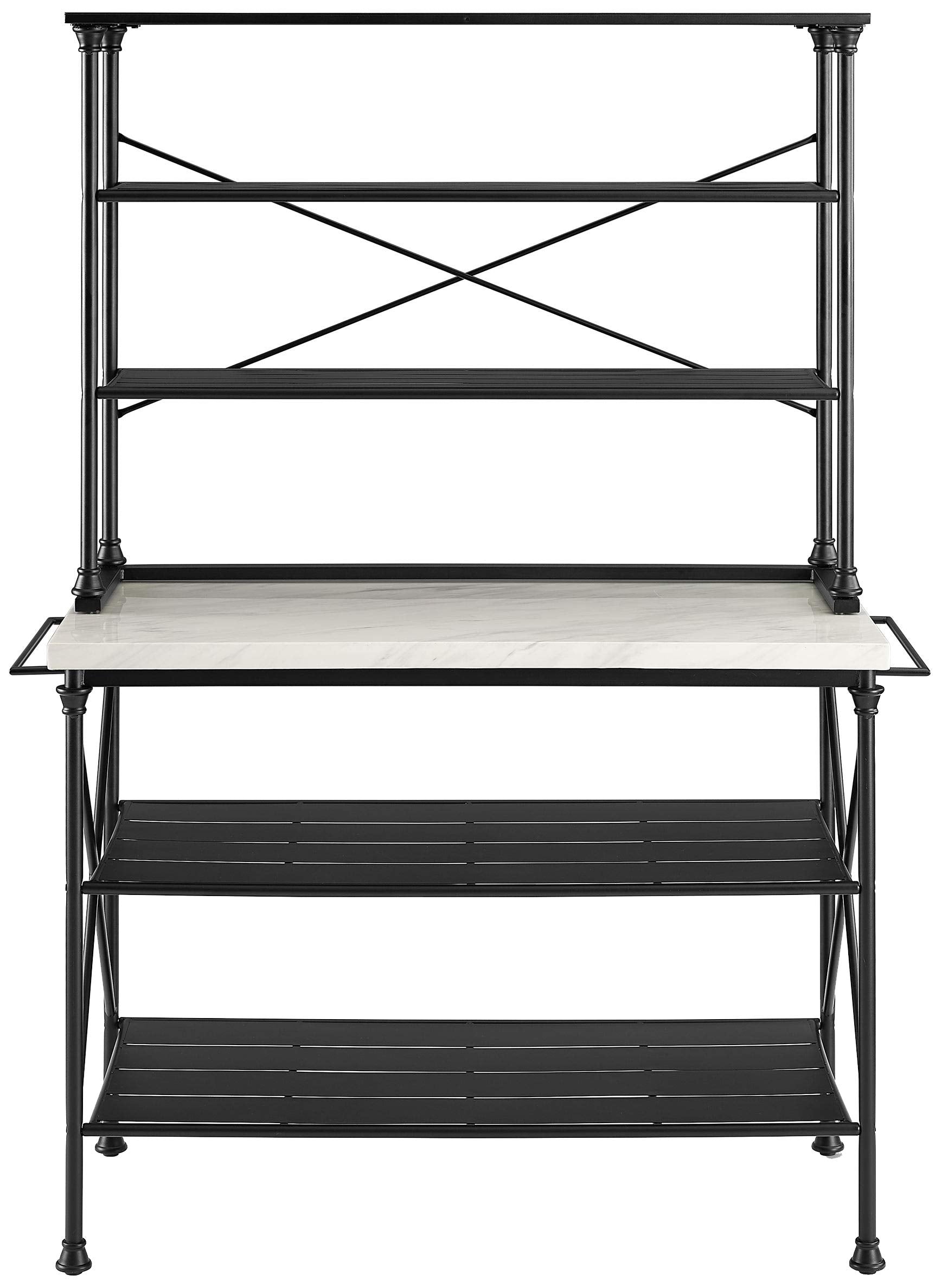 Crosley Furniture Madeleine Kitchen Island And Hutch With Shelves For Storage, Microwave Stand, Coffee Bar, Steel With Faux Marble Top