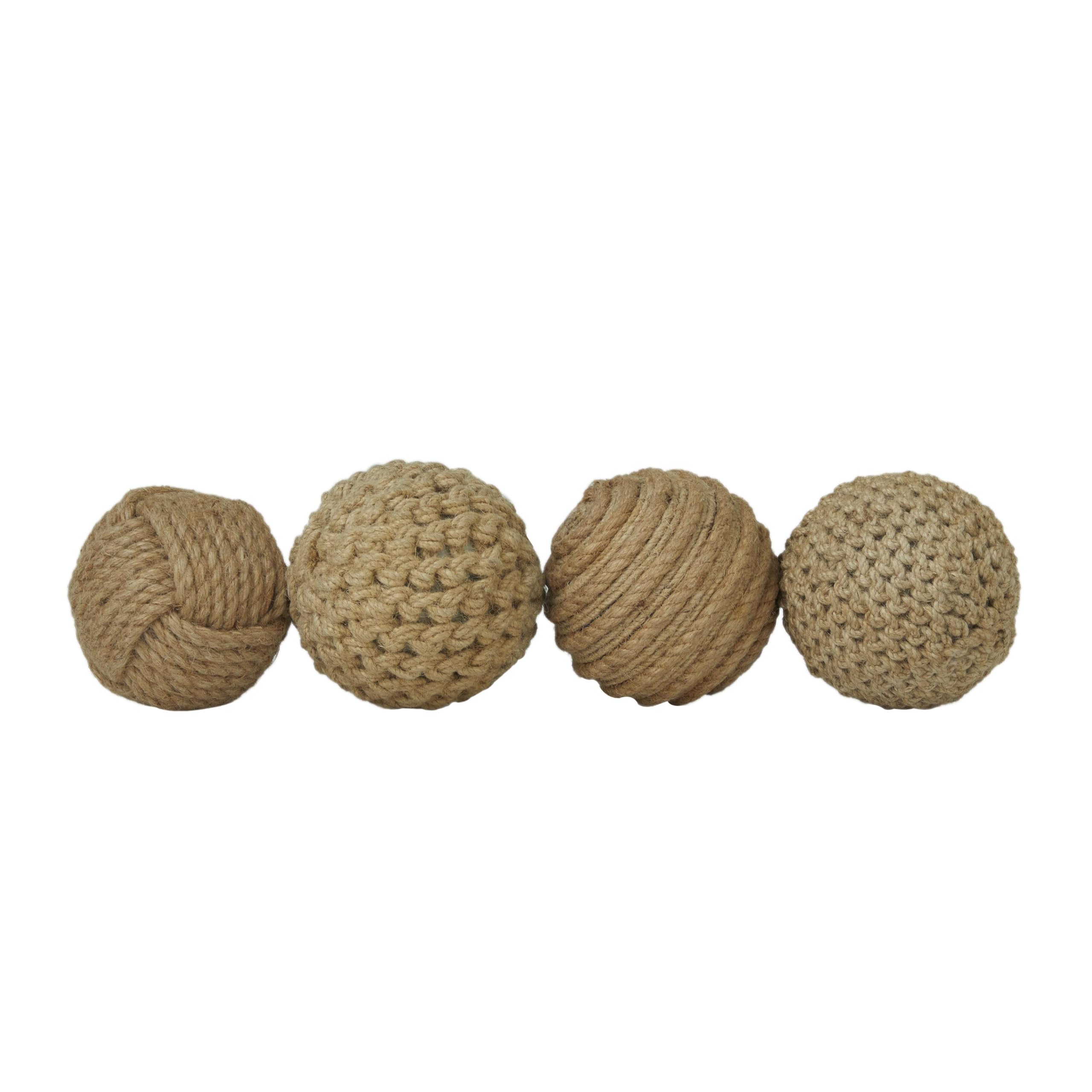 Deco 79 Jute Rope Handmade Decorative Ball Orbs & Vase Filler with Varying Designs, Set of 4 4''W, 4''H, Brown