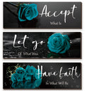 3 Pcs Teal wall decor Inspirational Teal Bathroom Decor Wooden Teal Rose Wall Art Turquoise Office Wall Decor with Accept Let Go
