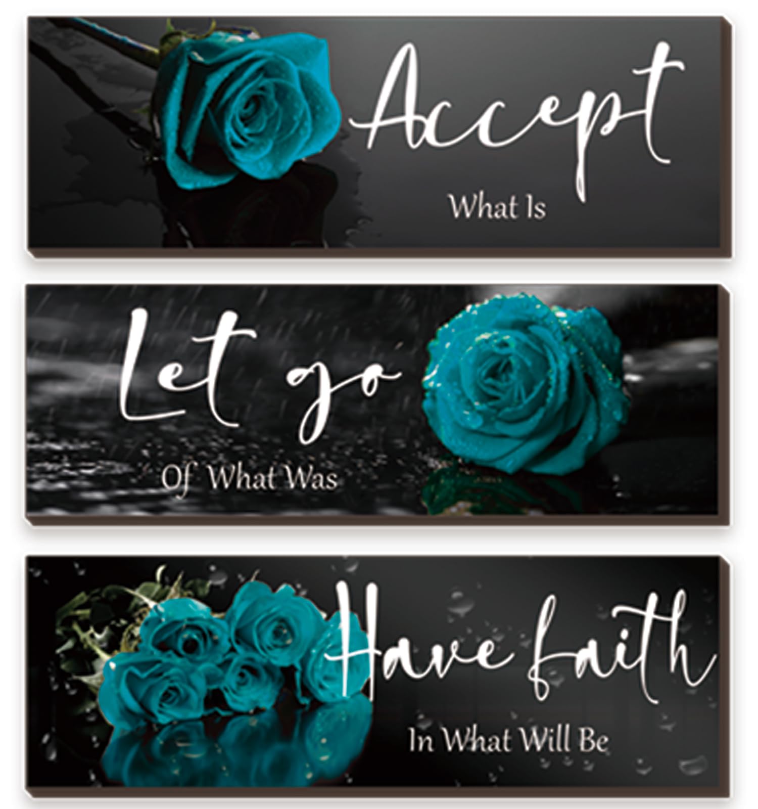 3 Pcs Teal wall decor Inspirational Teal Bathroom Decor Wooden Teal Rose Wall Art Turquoise Office Wall Decor with Accept Let Go