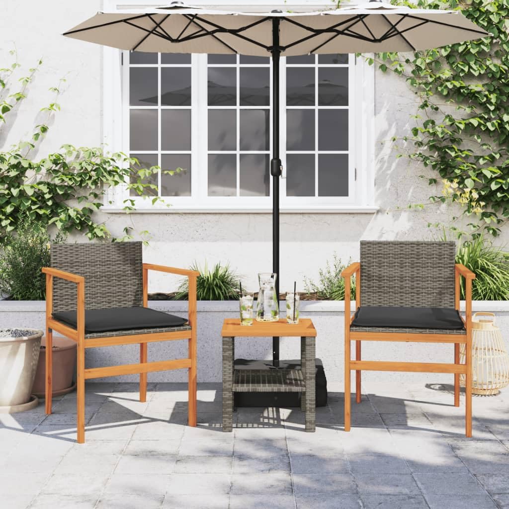 vidaXL Patio Chairs 2 Pcs with Cushions Gray Poly Rattan/Wood, 21.7"x21.7"x30.7", Max Load 242.5 lb