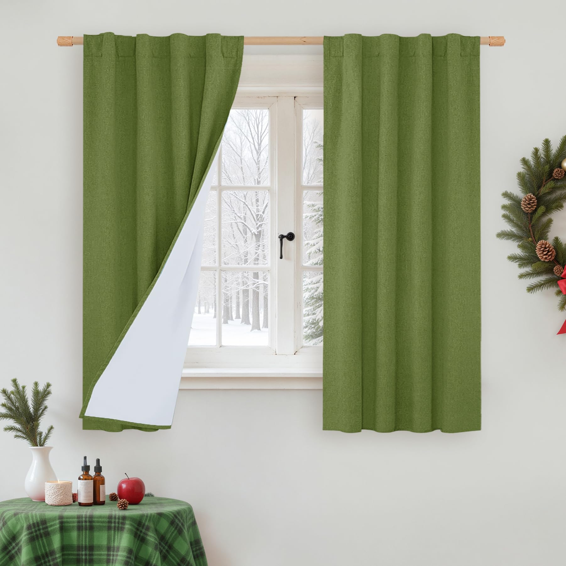 LAMIT 100% Blackout Linen Curtains for Bedroom, 45 Inches Linen Textured Thermal Window Drapes Back Tab and Rod Pocket Christmas