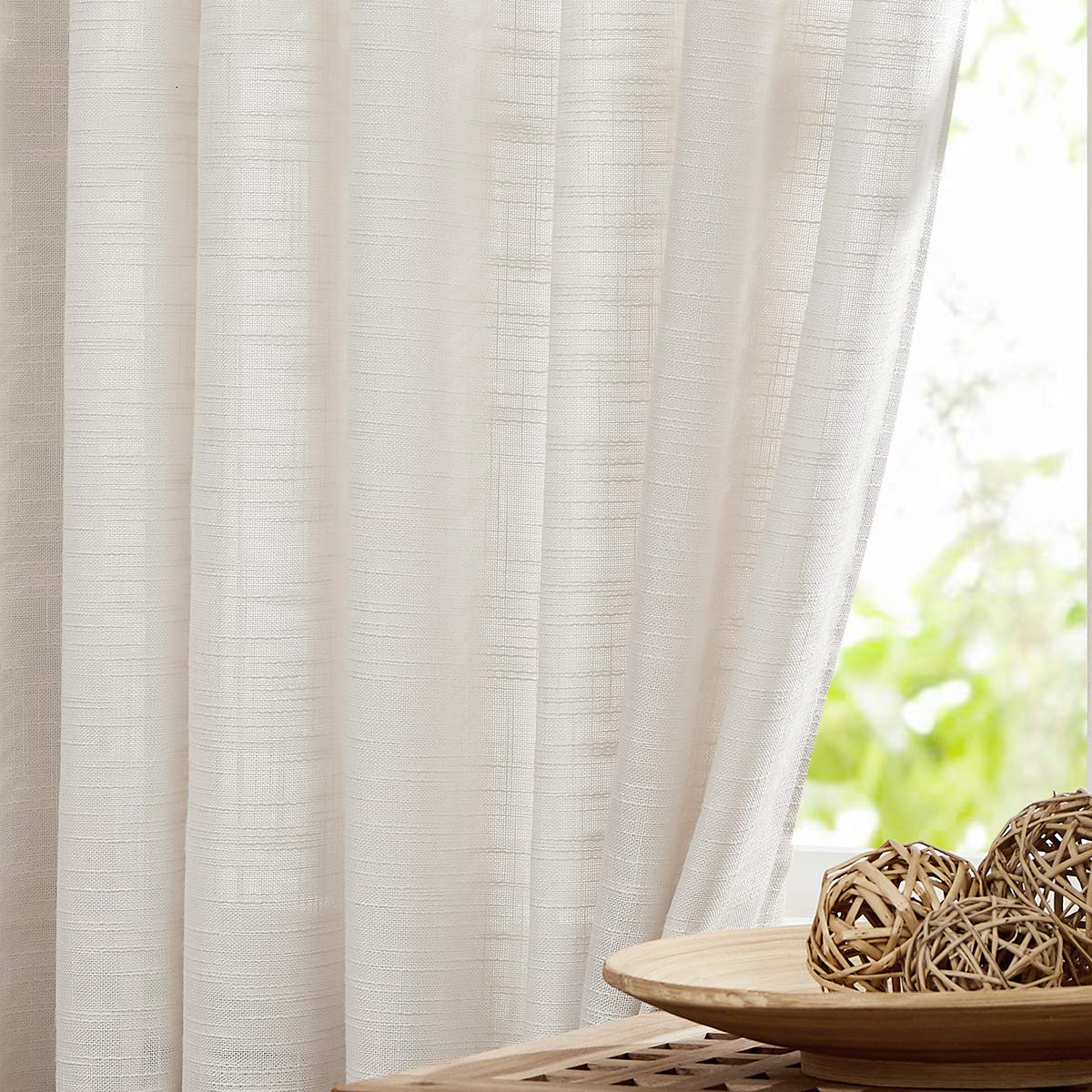 FMFUNCTEX Linen Semi Sheer Natural Curtains for Bedroom Living Room, Beige Curtain Panels 90 Inches Long Sheer Linen Textured Wi