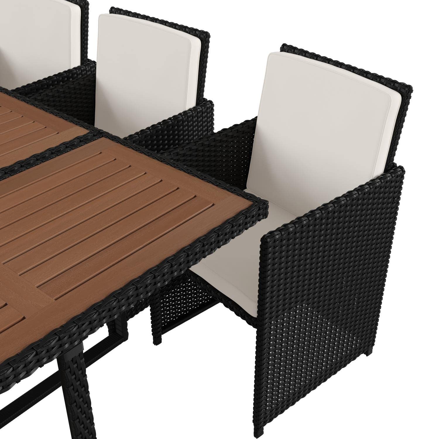 Flash Furniture Peregrine 7 Piece Outdoor Patio Dining Set - Space Saving Black Wicker Modular Chairs & Cream Cushions-Natural Finish Acacia Wood Table-Seating For 6