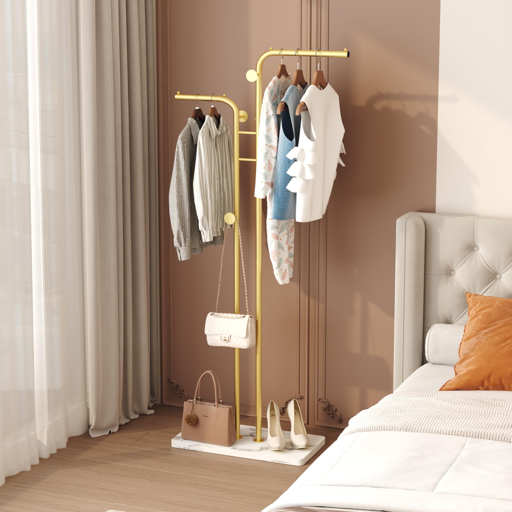 HOMEFORT Coat Rack, Freestanding Metal Coat Racks, Double-pole Clothes Hat Stand with 5 Hooks for Closet, Bedroom, Entryway, Liv