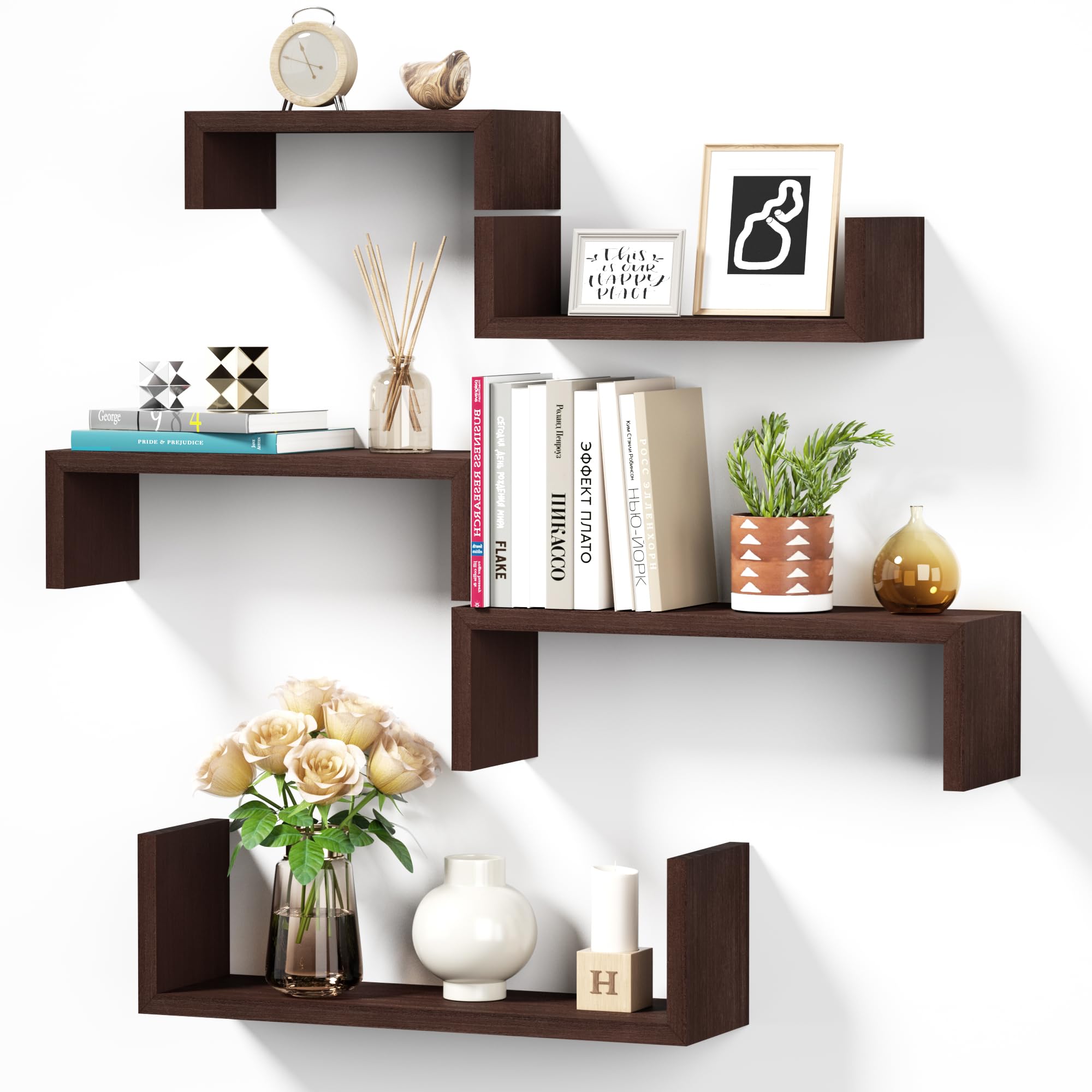Sriwatana Floating Shelves For Bathroom, Bedroom, Living Room, Kitchen, Office - Wood Shelves For Wall Decor Set Of 5 (Dark Walnut)