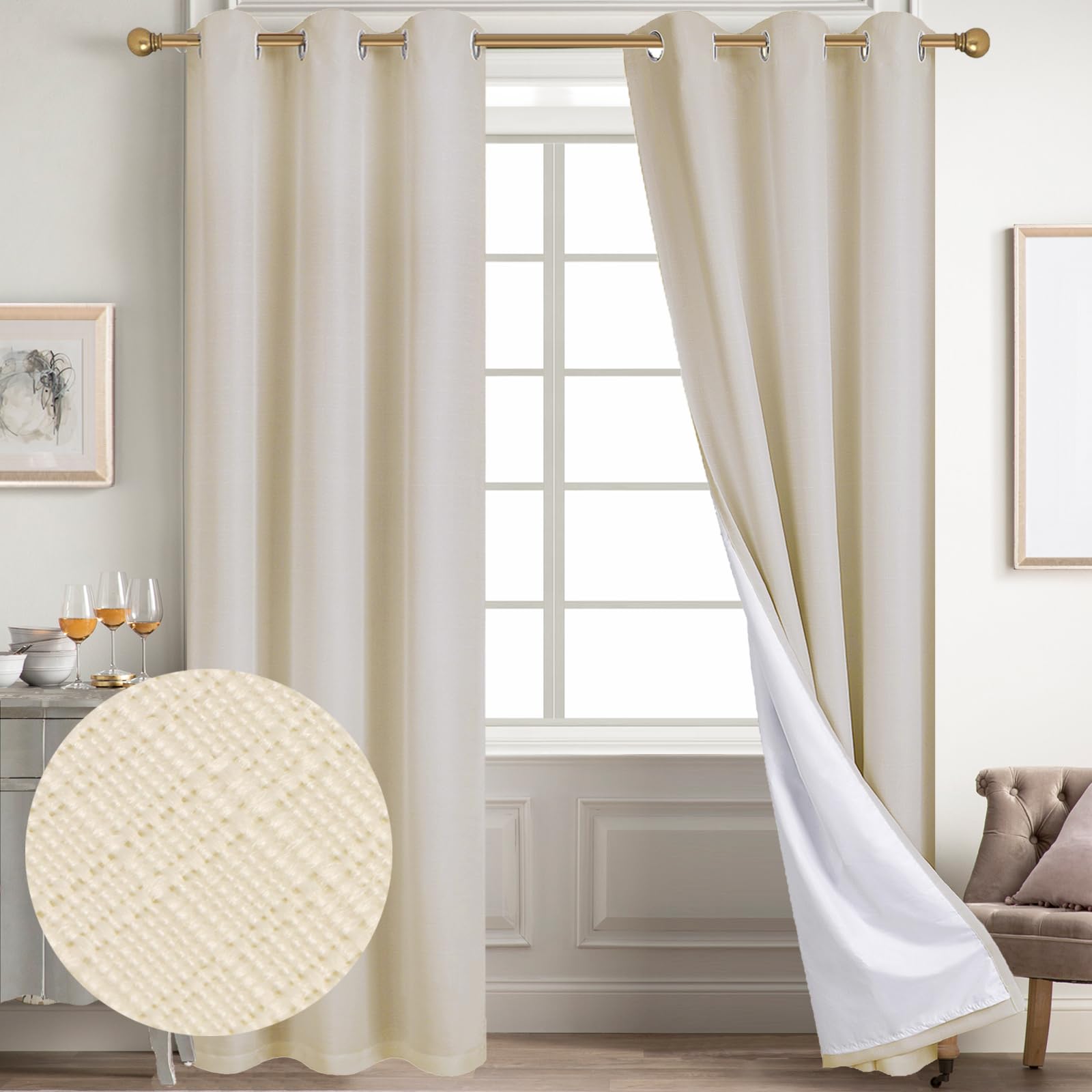 Diraysid 100% Blackout Curtains Light Beige Linen Curtains For Bedroom Grommet Thermal Insulated Room Darkening Drapes (2 Panels