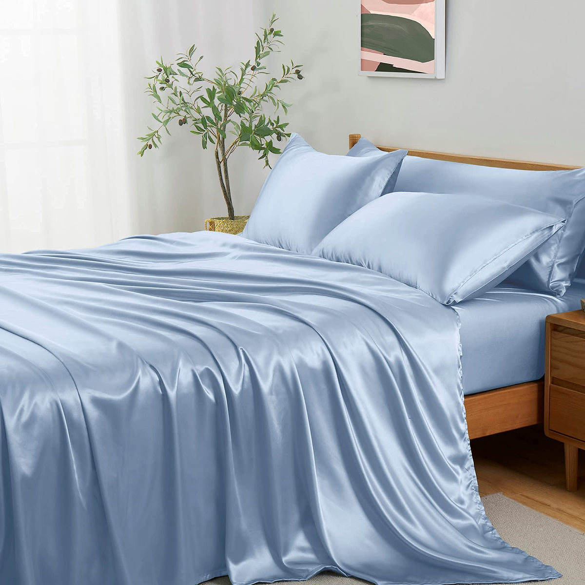 Entisn 5Pcs Silky Satin Sheets Set, Queen Size Satin Bed Sheets Set, Baby Blue Luxury Bedding Sets, Breathable & Ultra Soft Shee