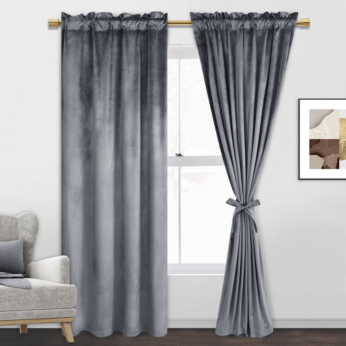 Jiuzhen Grey Blackout Velvet Curtains 84 Inches For Living Room Thermal Insulated Room Darkening Grey Curtains Thick Velvet Wind
