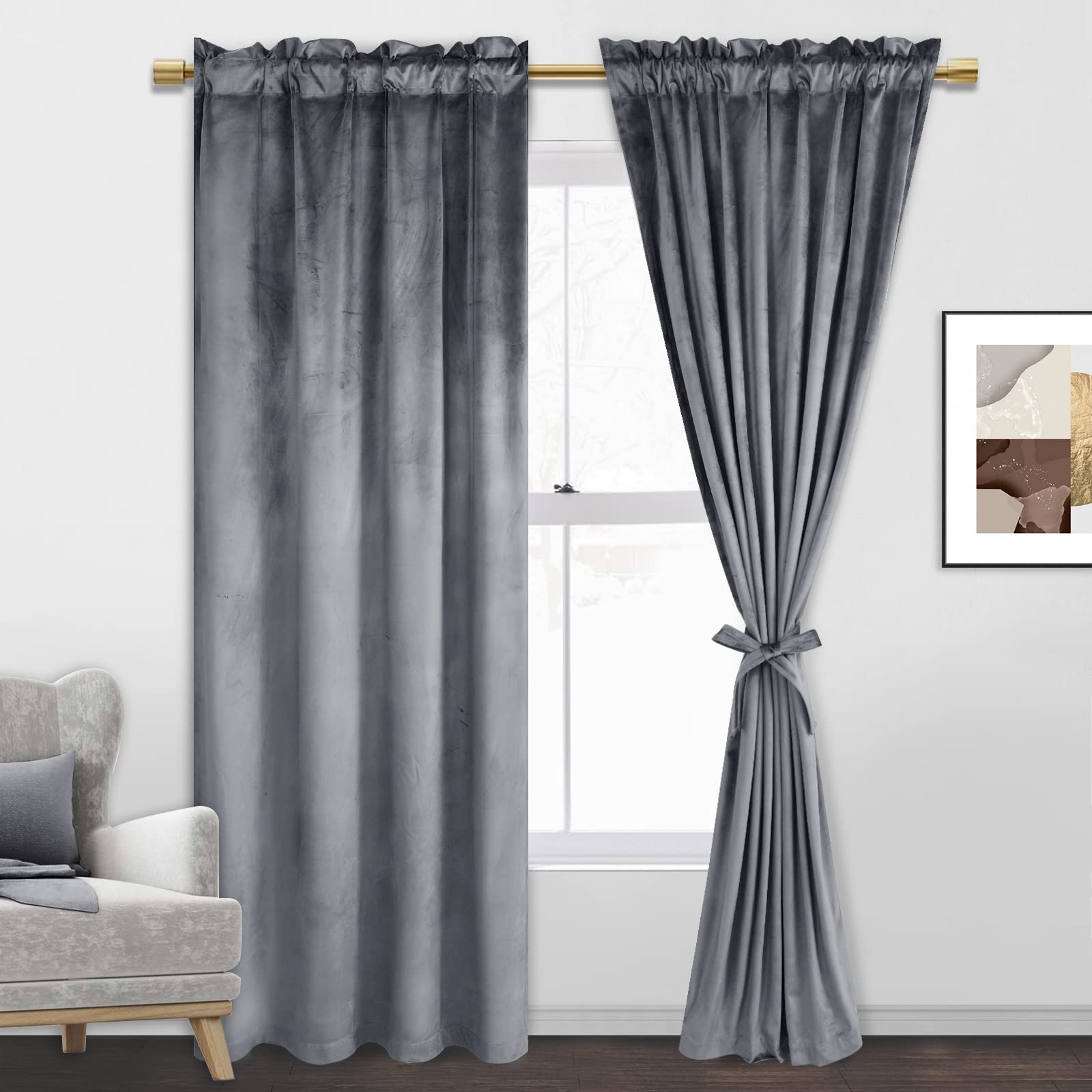 Jiuzhen Grey Velvet Curtains For Bedroom - 84 Inches Thermal Insualted Room Darkening Rod Pocket Blackout Drapes For Office/Clos