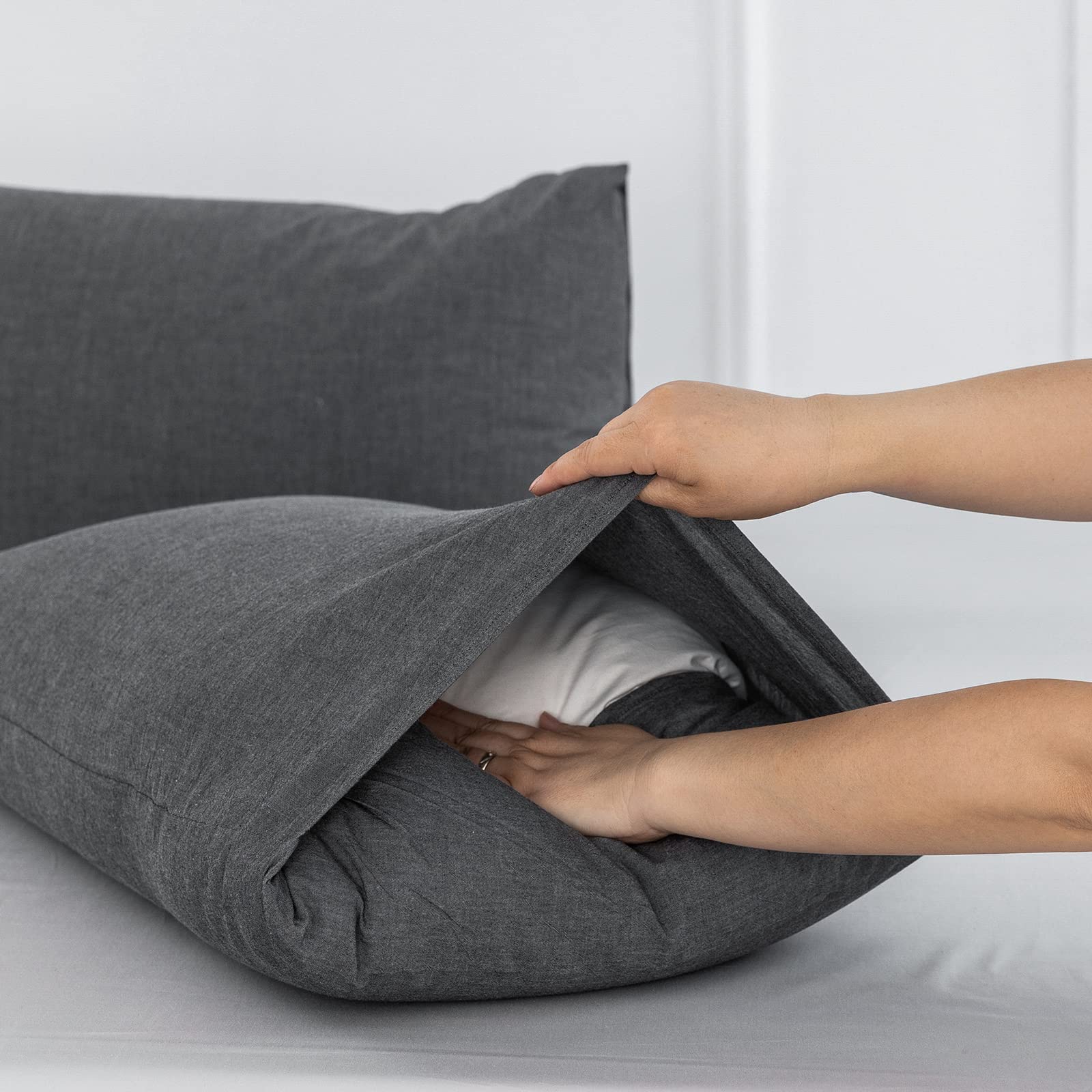 Moomee Bedding Pillowcases Pack Of 2 100% Washed Cotton Linen Like Textured Breathable Durable Soft Comfy (Dark Grey, Standard)