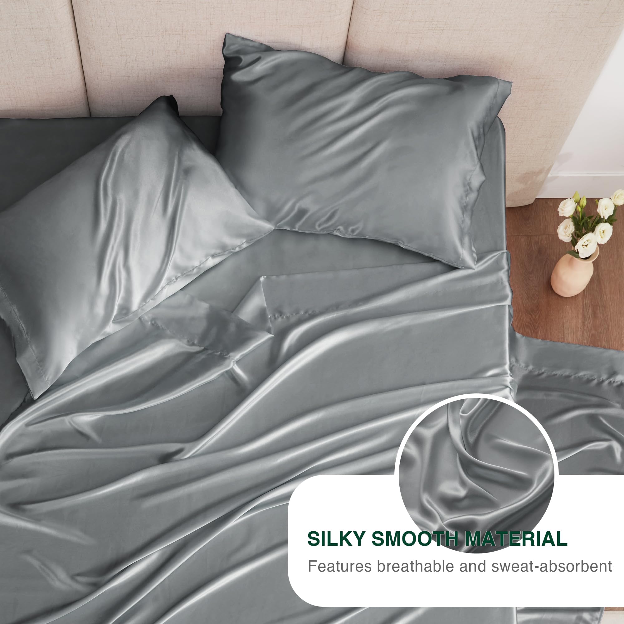 Love'S Cabin Satin Queen Sheets Set - 4 Piece Dark Grey Silky Satin Bed Sheets Queen Set With Deep Pocket, Luxury Silk Feel Satin Queen Size Sheet Set (1 Flat Sheet,1 Fitted Sheet,2 Pillow Cases)