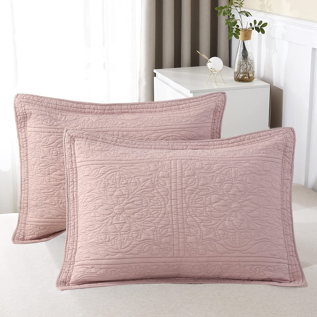 Winlife 100% Cotton Quilted Pillow Sham Floral Printed Pillow Cover (Standard, Dusty Pink)