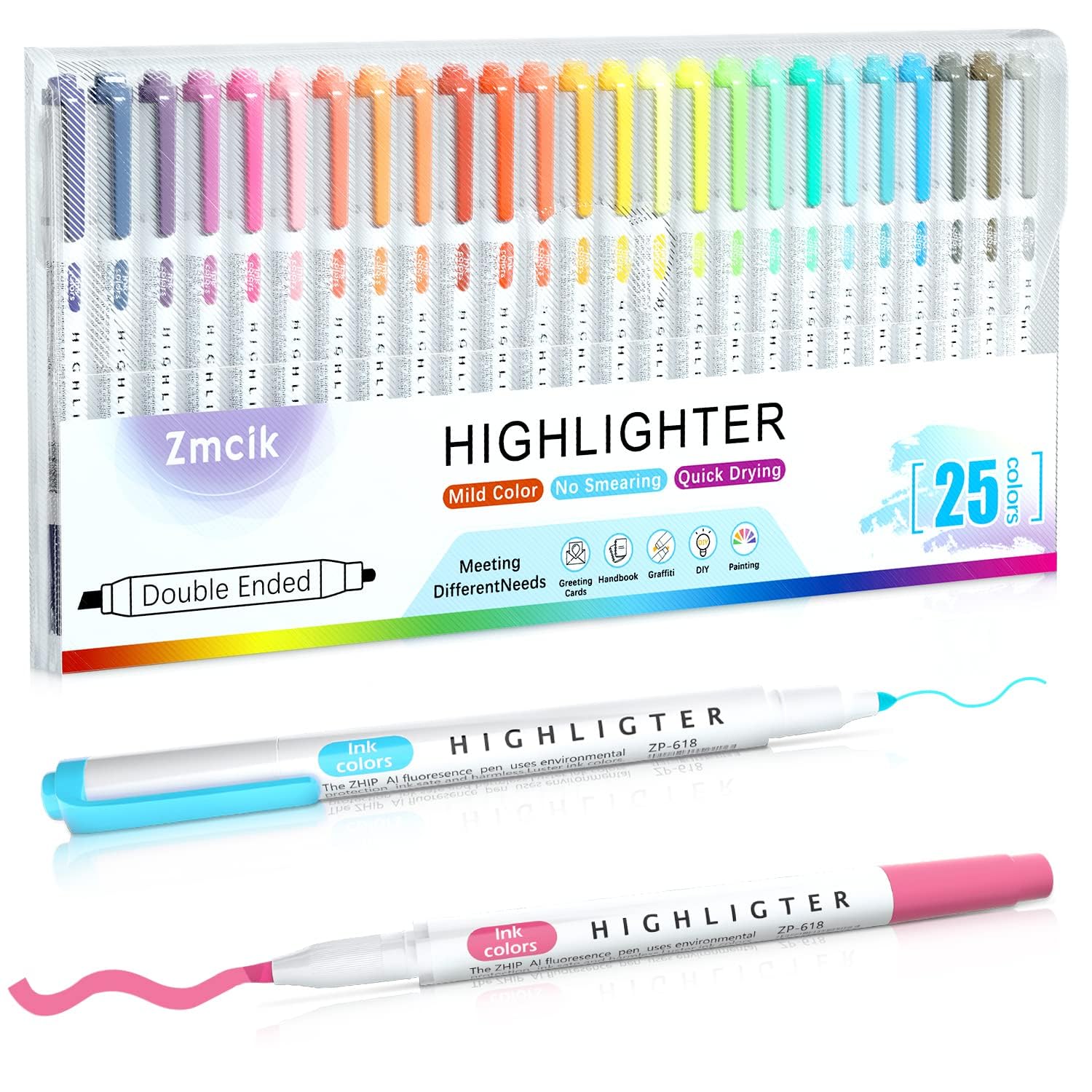 Zmcik Double Ended Highlighters With Soft Chisel Tip, 25-Pack Quick Dry Assorted Colors Highlighters, Pastel Highlighters Set Fo